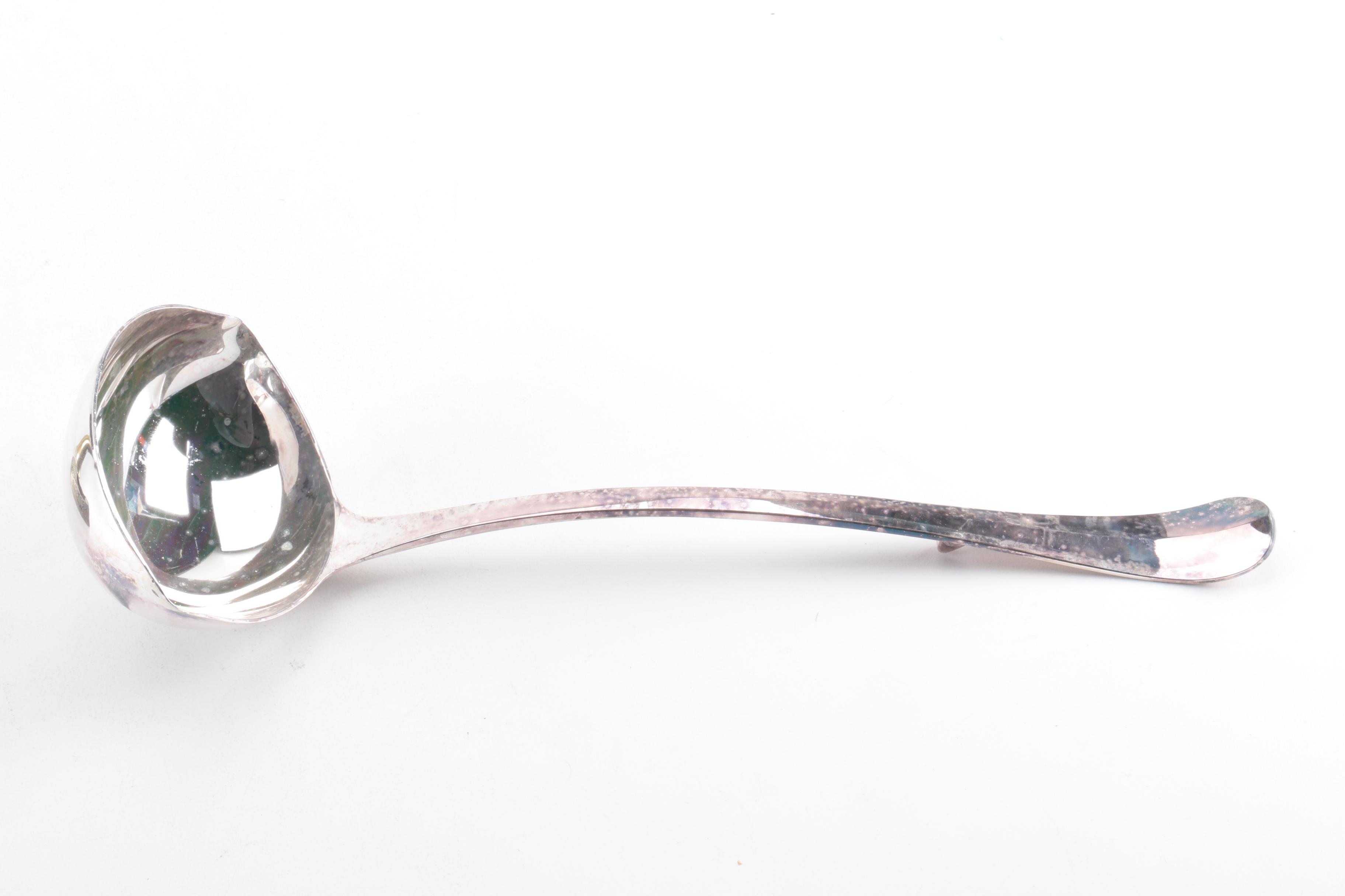 Silver Plate Rattail Handled Ladle, Bell, and Other Flatware