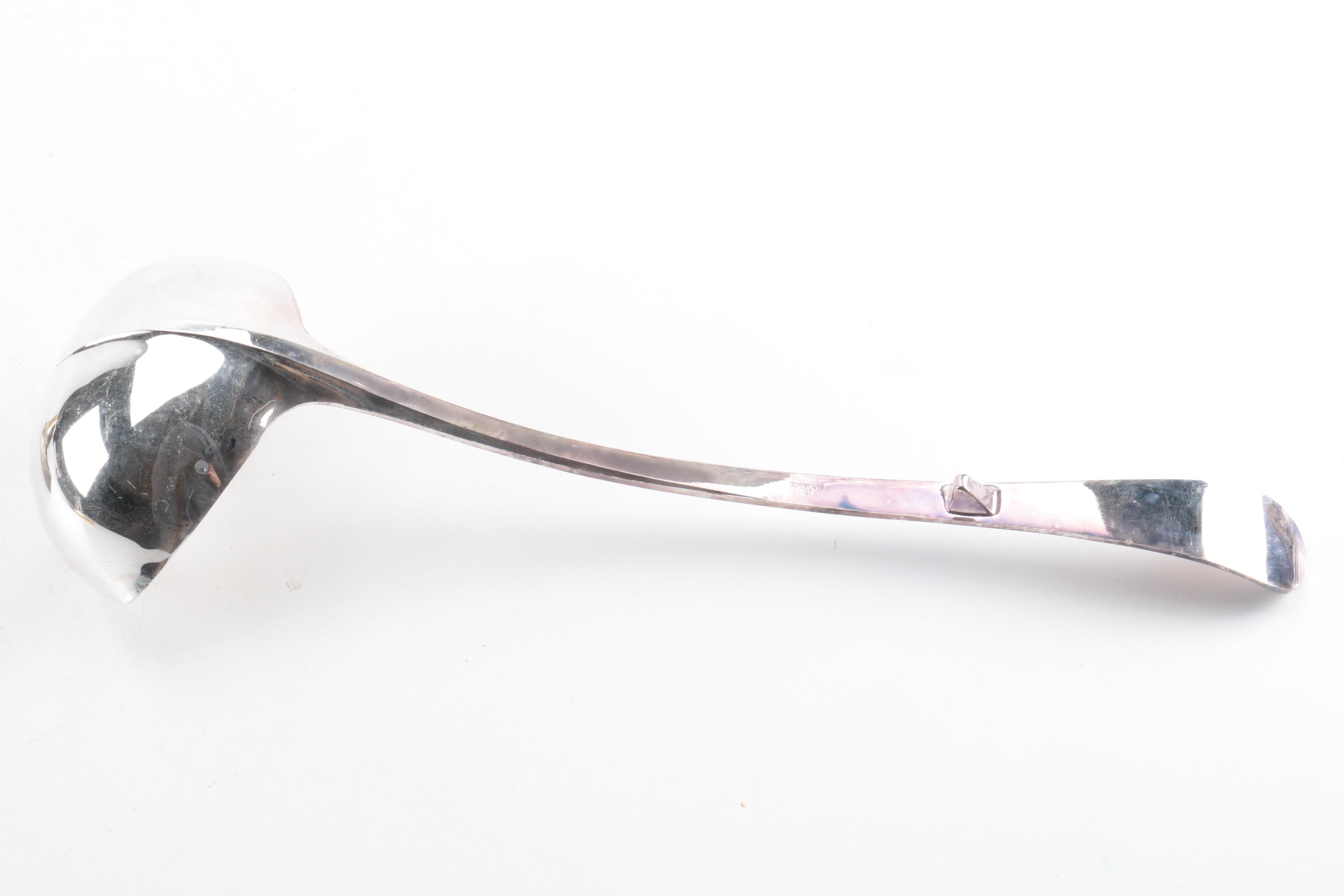 Silver Plate Rattail Handled Ladle, Bell, and Other Flatware