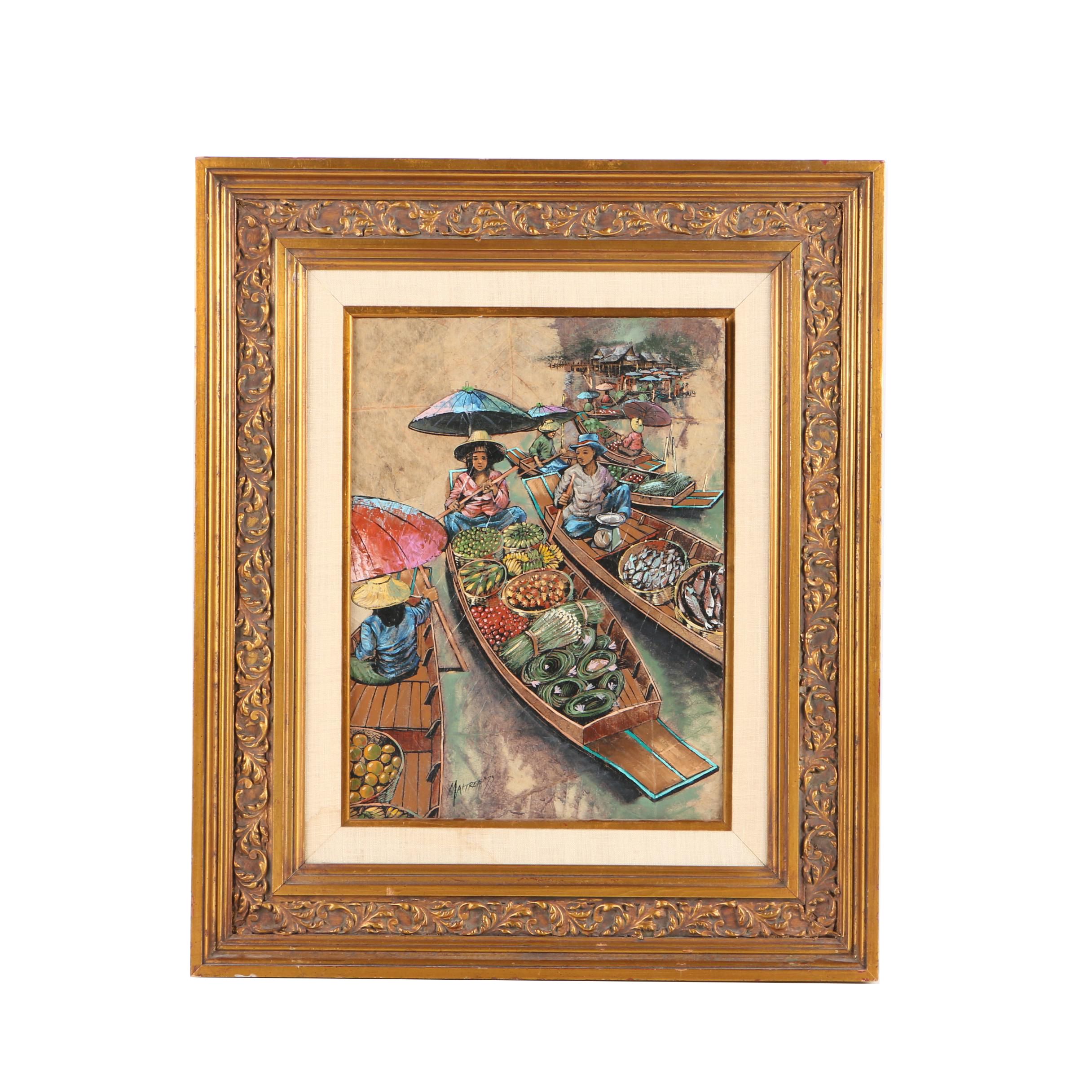 Maitree Juntaroopamai 1979 Oil Painting on Tobacco Leaves