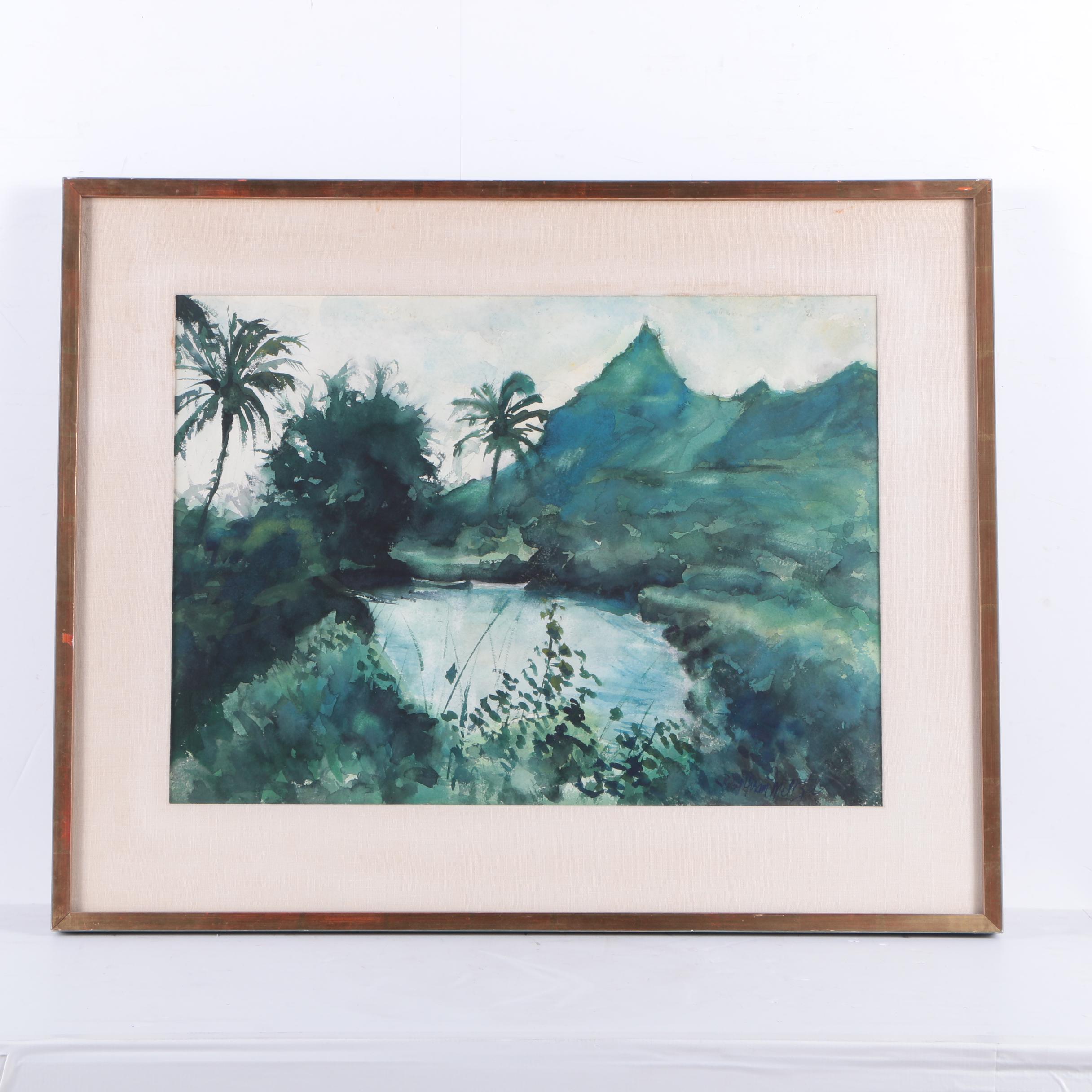 Robert H. Meltzer Watercolor Painting on Paper of a Tropical Landscape