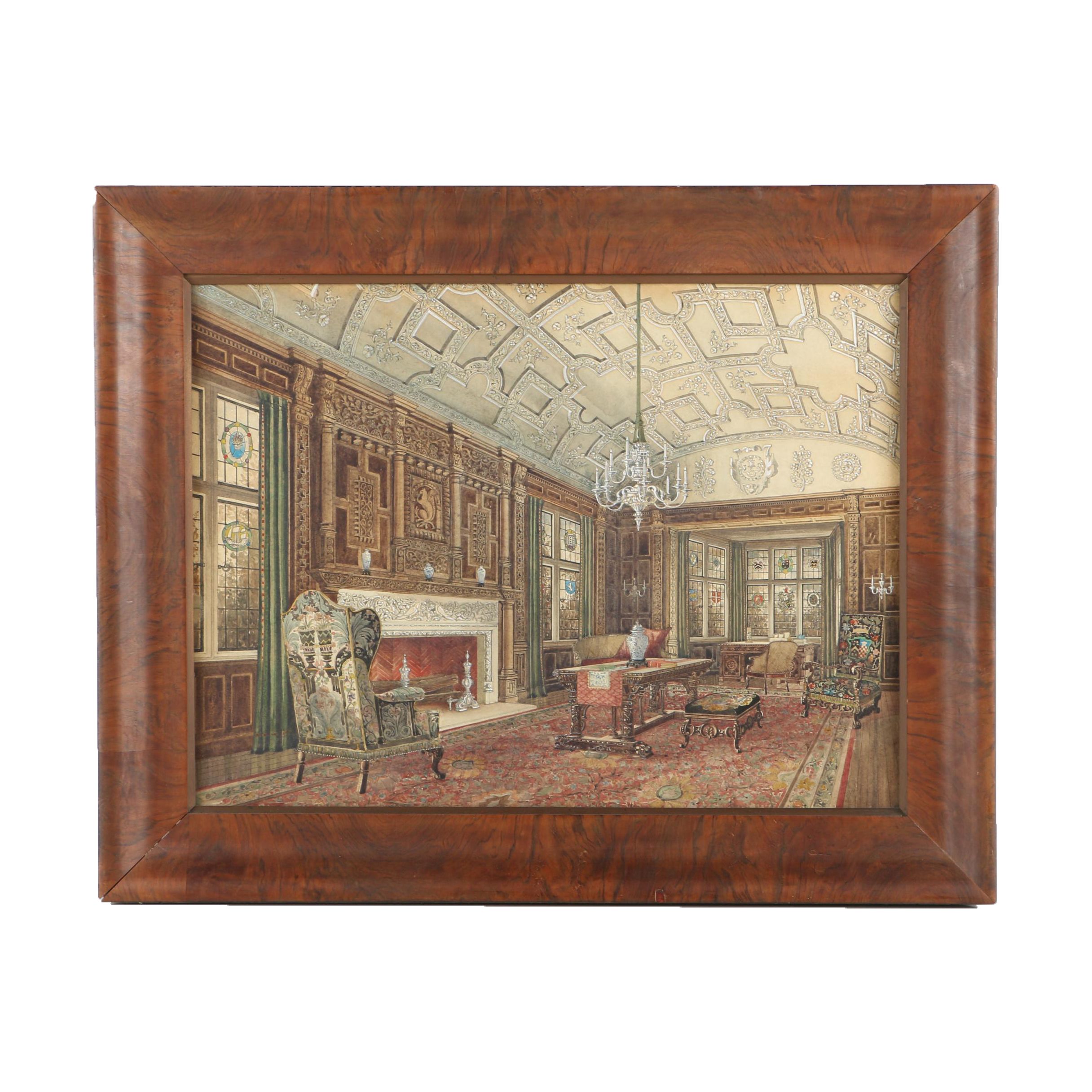 Fay Elizabeth Davis Watercolor Painting on Paper of Lavish Interior Scene