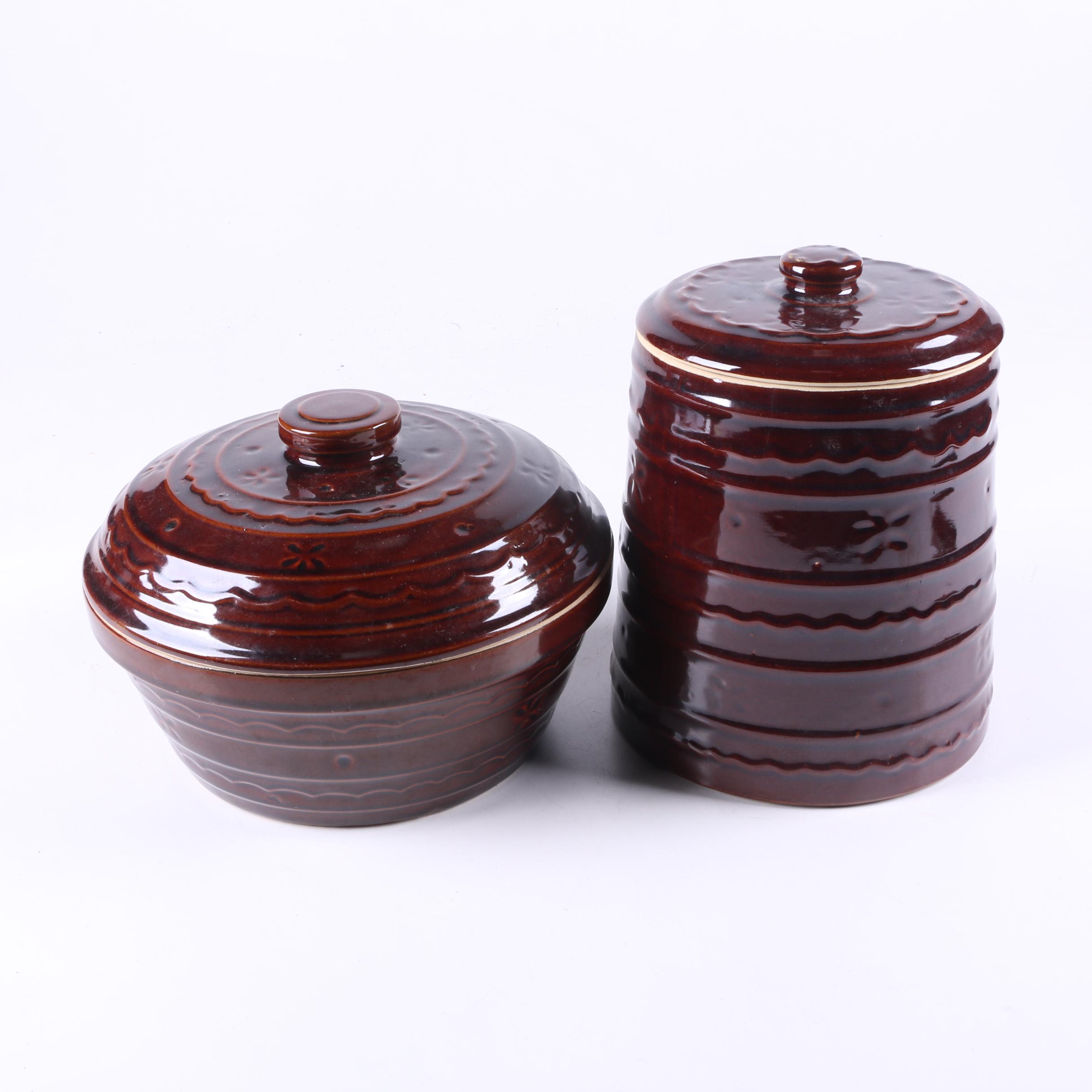 Vintage Marcrest Pottery "Daisy Dot" Brown Casserole Dish and Cookie Jar