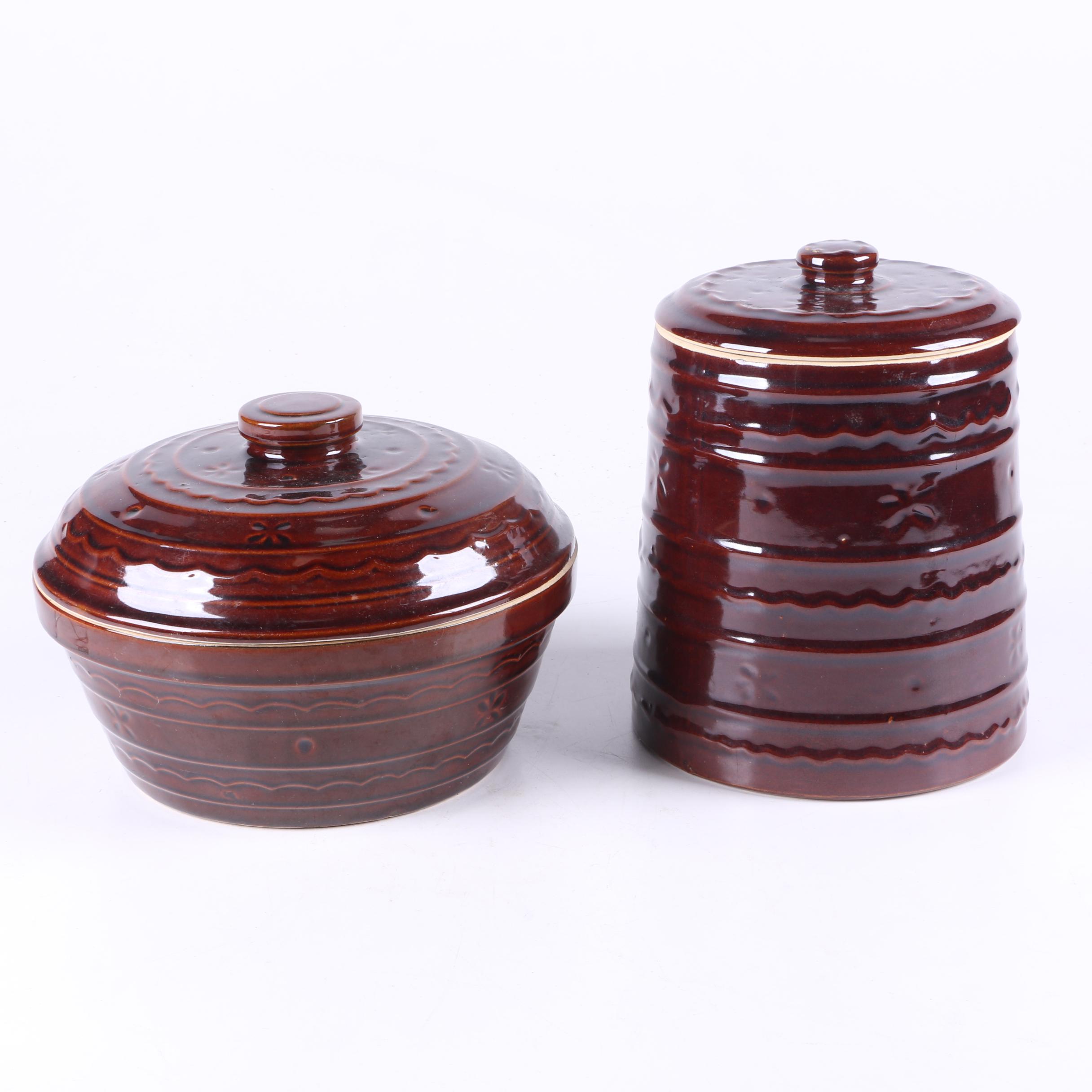 Vintage Marcrest Pottery "Daisy Dot" Brown Casserole Dish and Cookie Jar