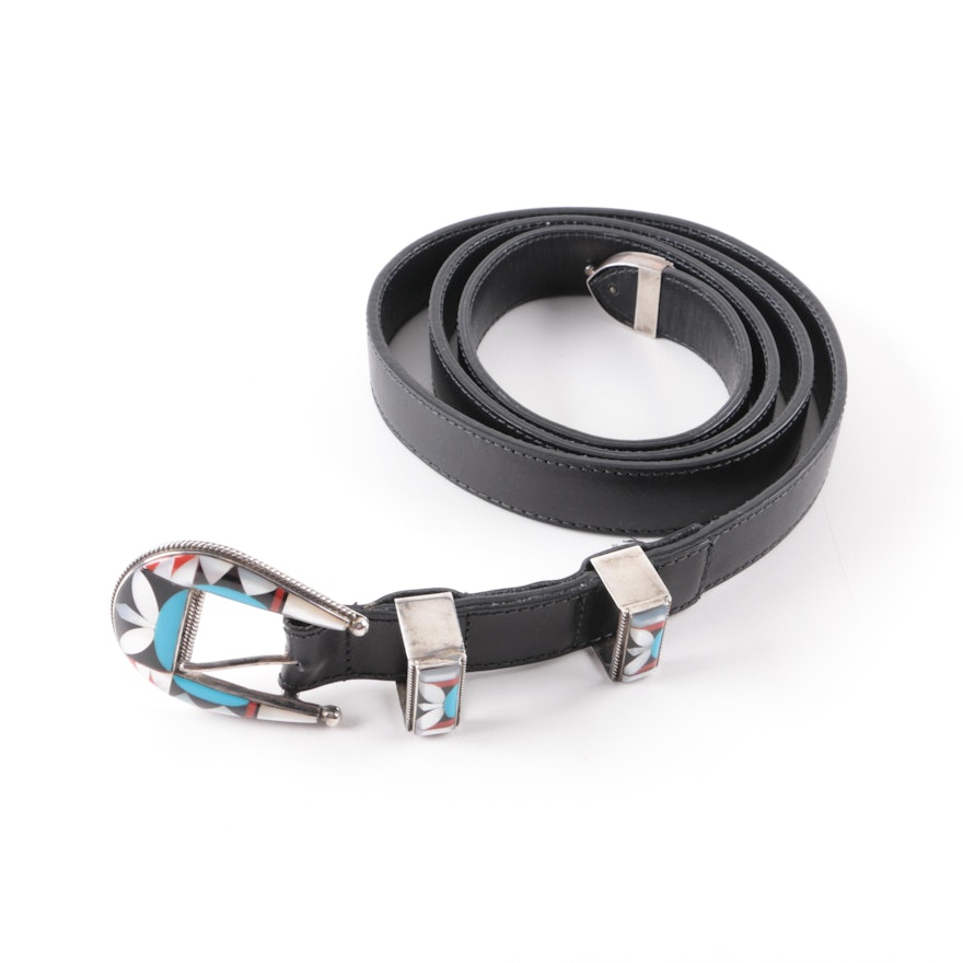 Belt with Inlaid Sterling Silver Buckle and Accents Including Turquoise