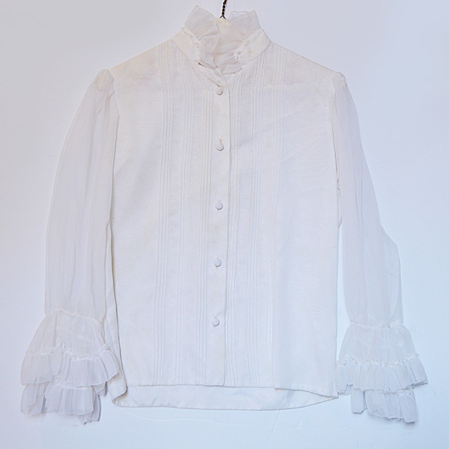 1960s White Chiffon Blouse with Ruffled Cuffs and Collar