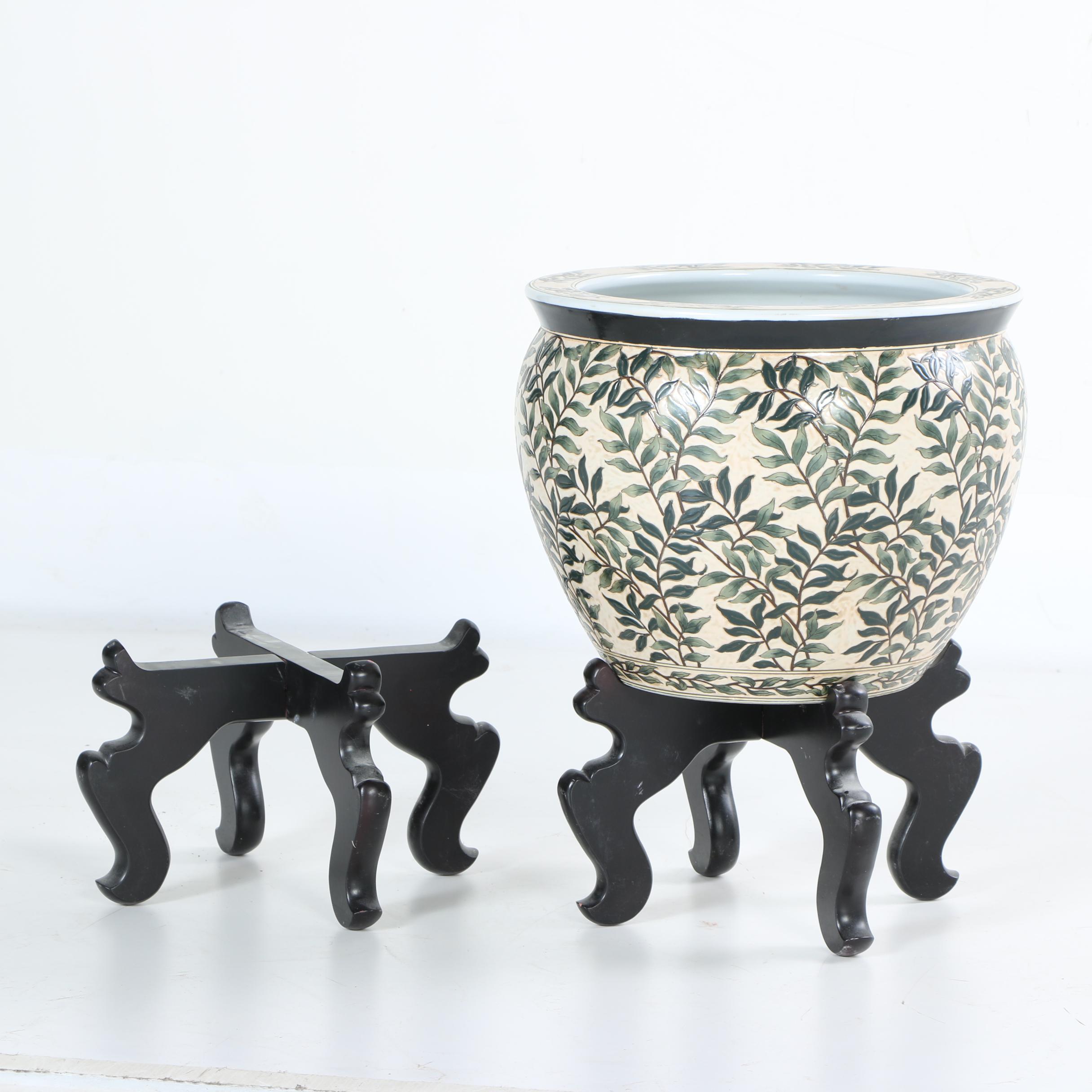 Asian Inspired Porcelain Jardiniere and Stands