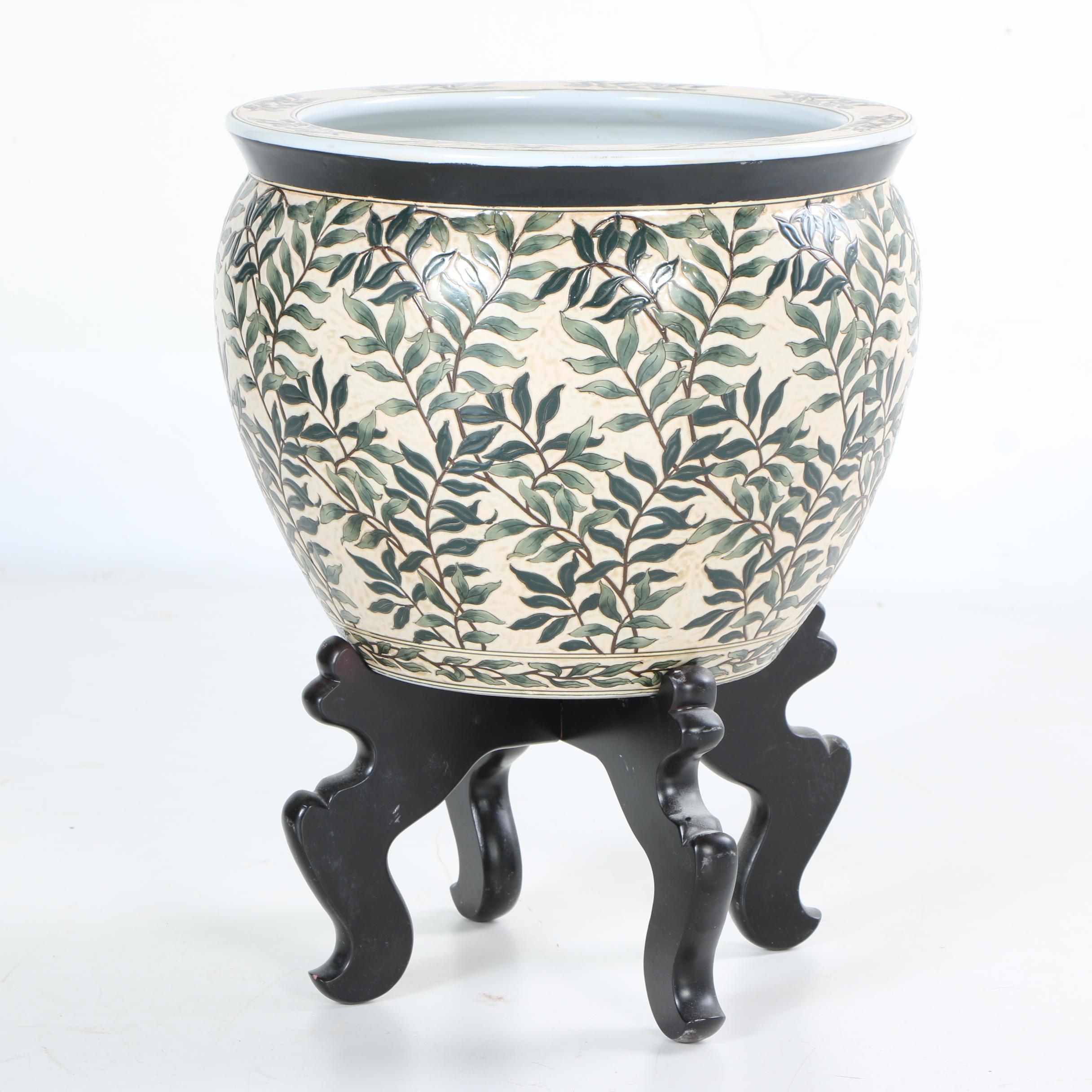 Asian Inspired Porcelain Jardiniere and Stands