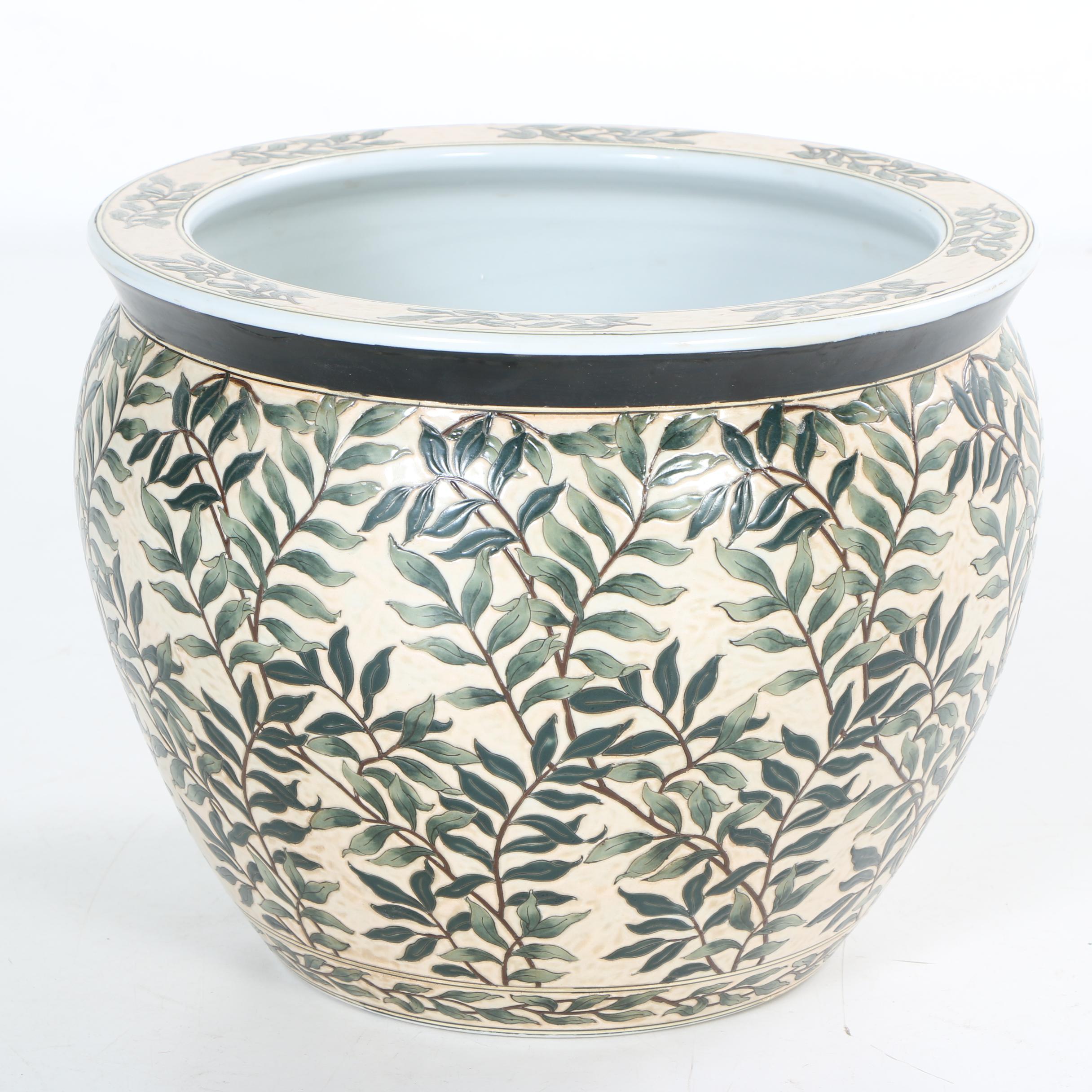 Asian Inspired Porcelain Jardiniere and Stands