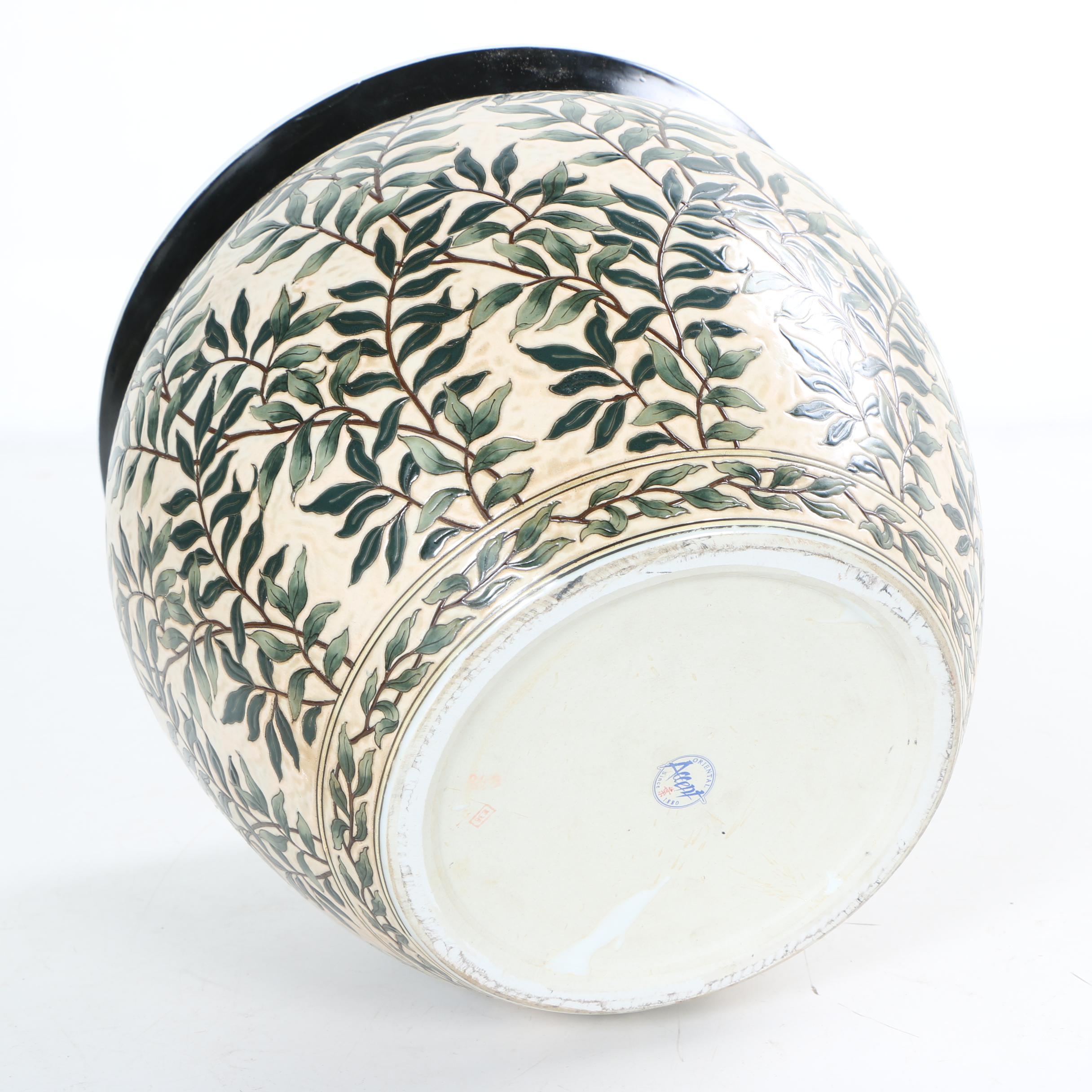 Asian Inspired Porcelain Jardiniere and Stands