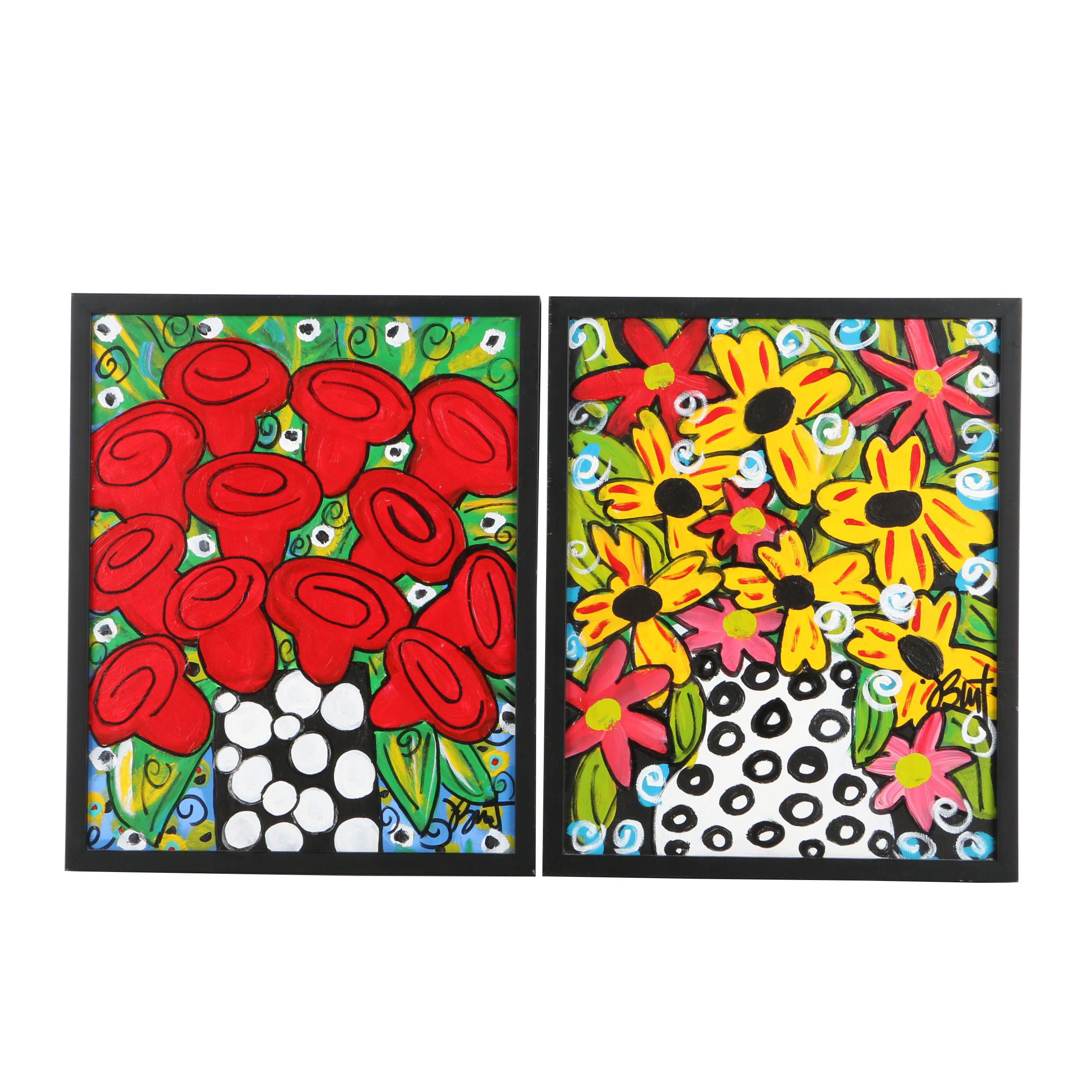 Jules Burt Acrylic Paintings on Canvas "Fun Flowers"
