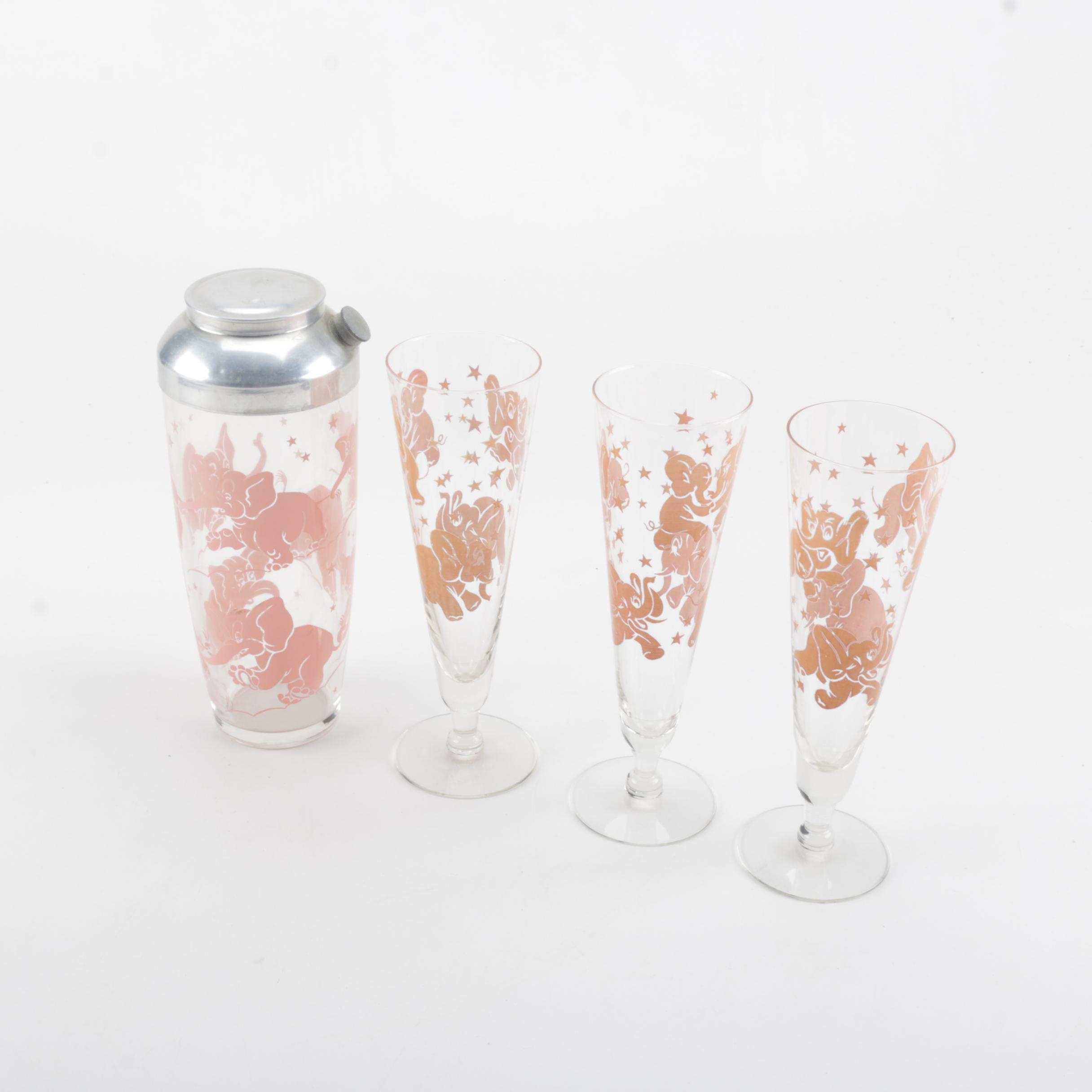 Vintage Hazel Atlas Pink Elephant Pilsner Glasses and Cocktail Shaker