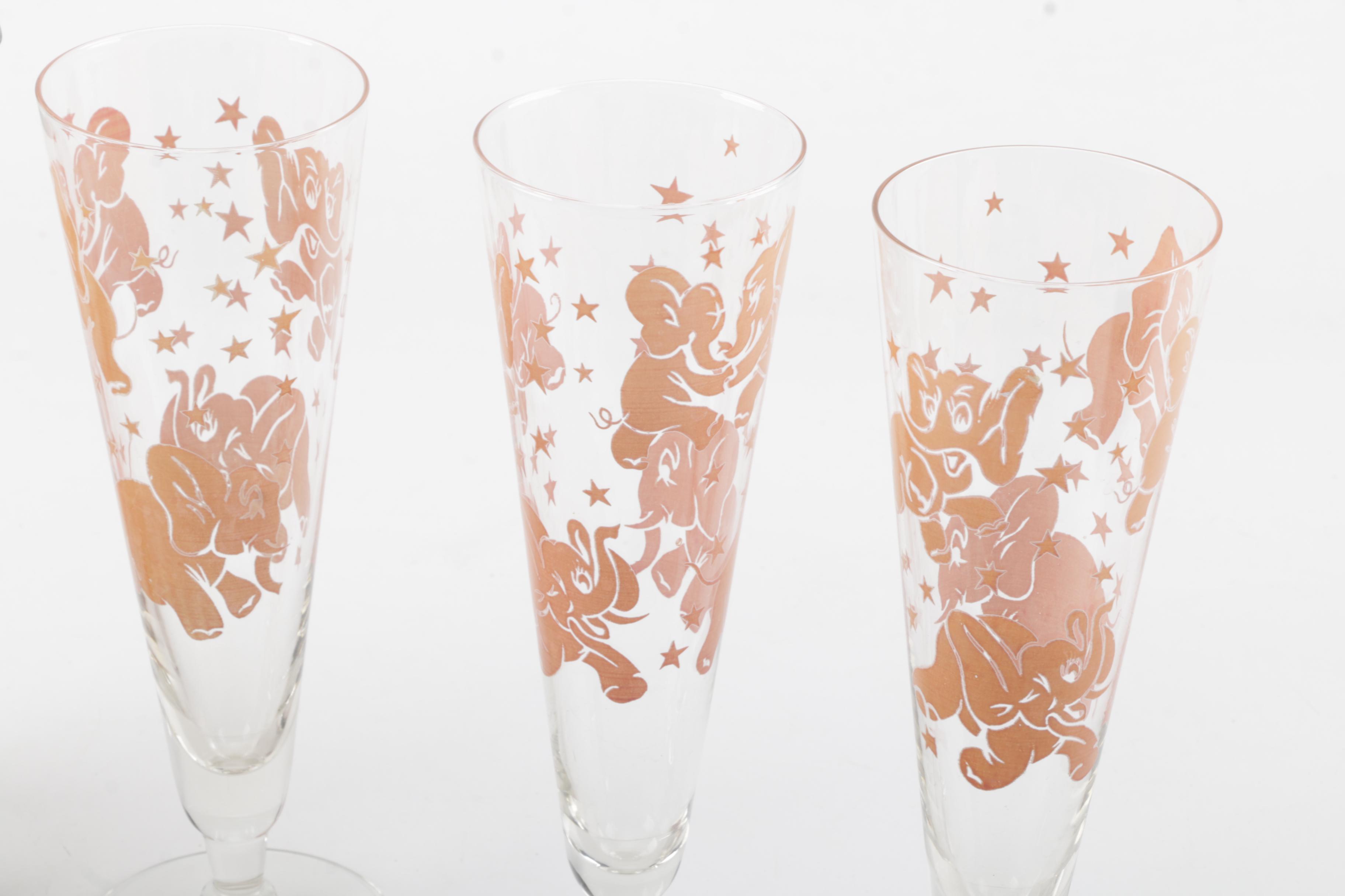 Vintage Hazel Atlas Pink Elephant Pilsner Glasses and Cocktail Shaker