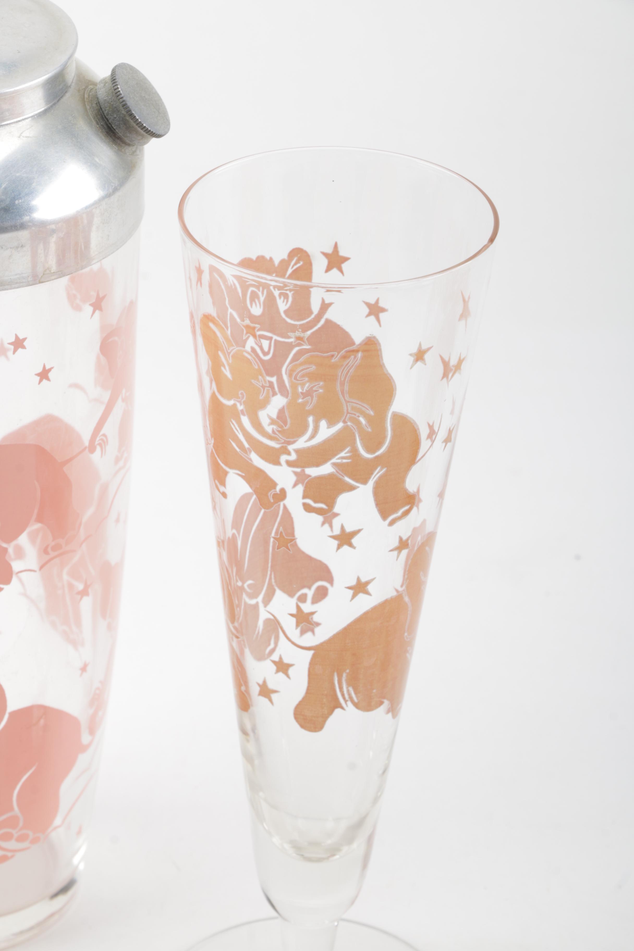 Vintage Hazel Atlas Pink Elephant Pilsner Glasses and Cocktail Shaker
