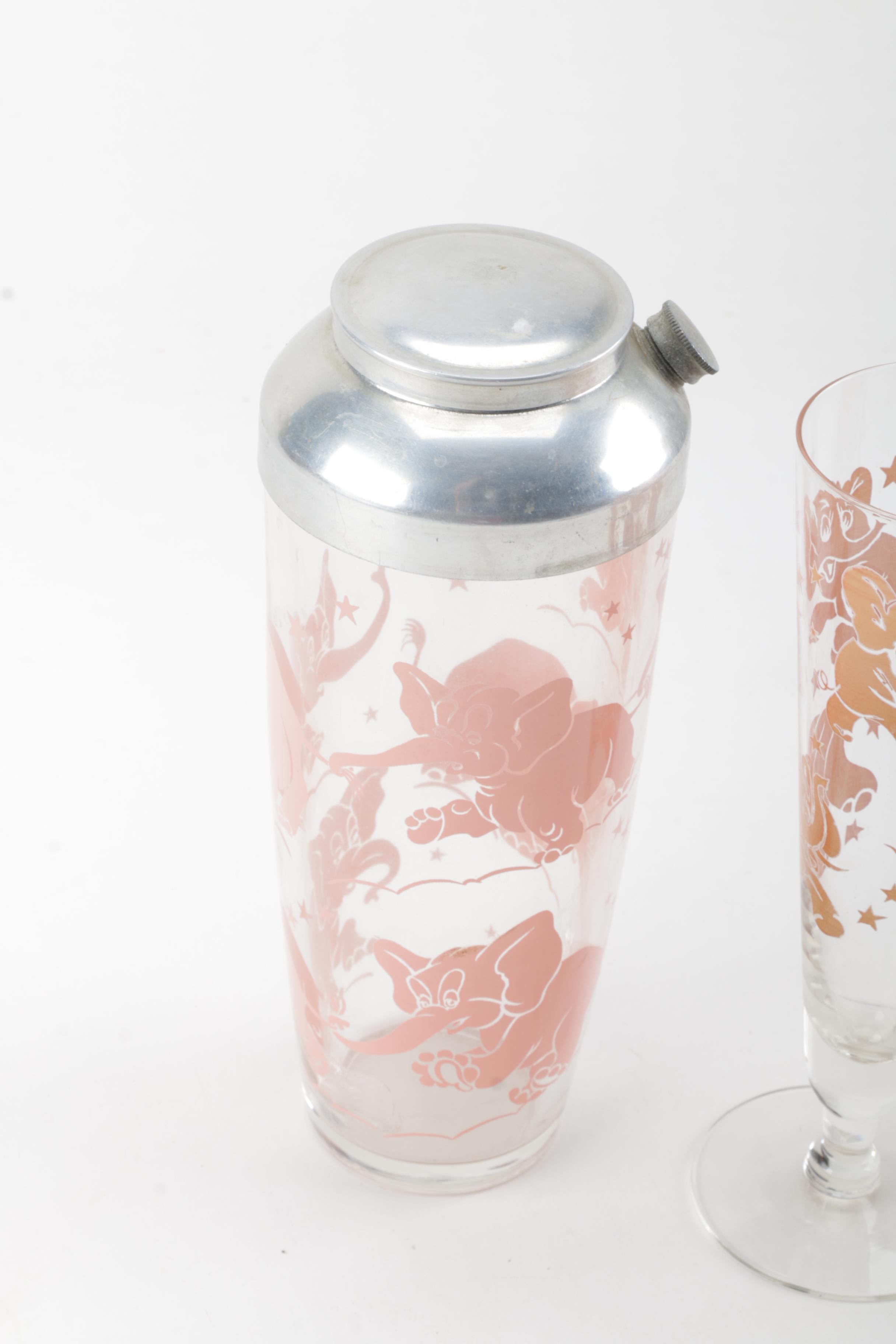 Vintage Hazel Atlas Pink Elephant Pilsner Glasses and Cocktail Shaker