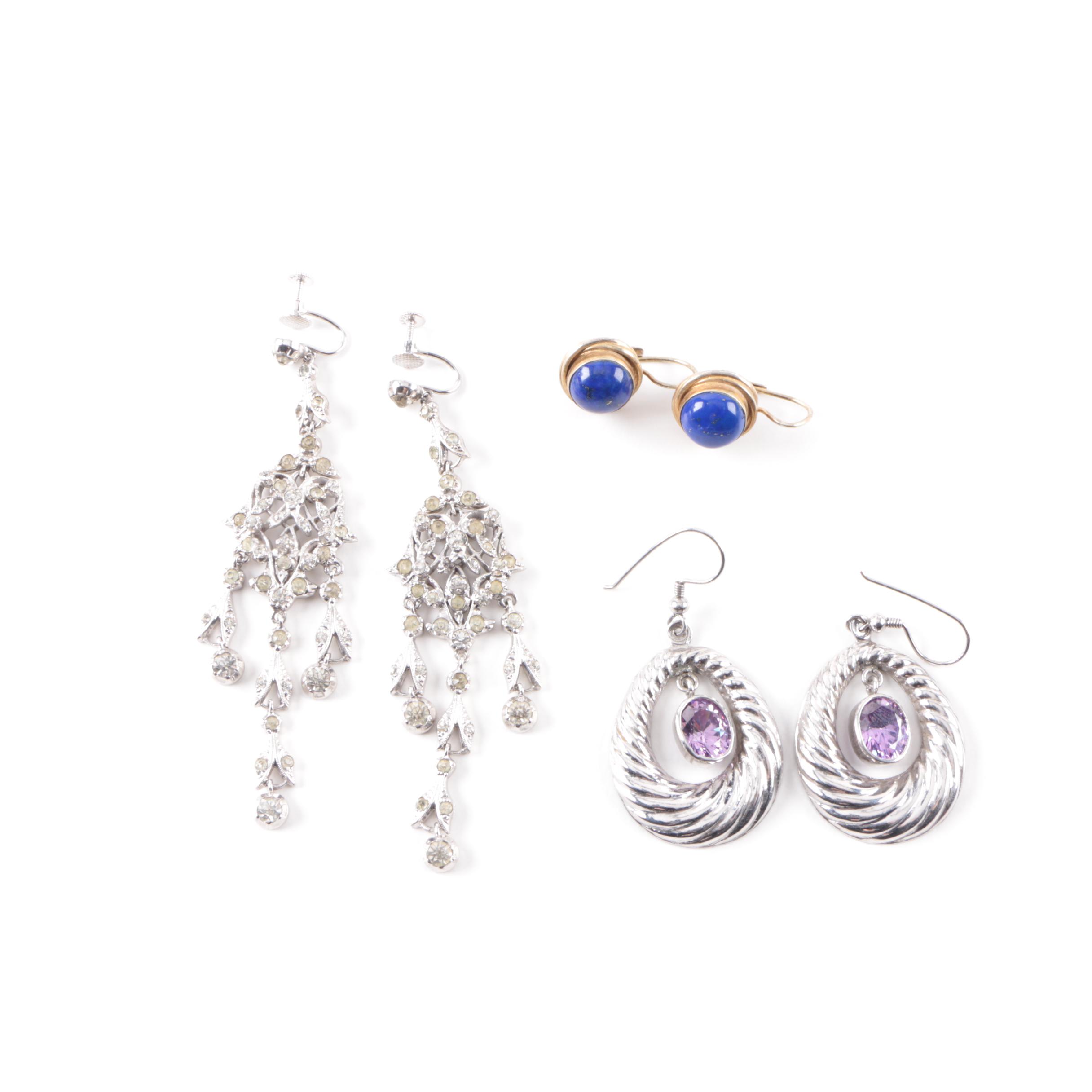 Sterling Silver Earrings with Lapis Lazuli and Cubic Zirconia