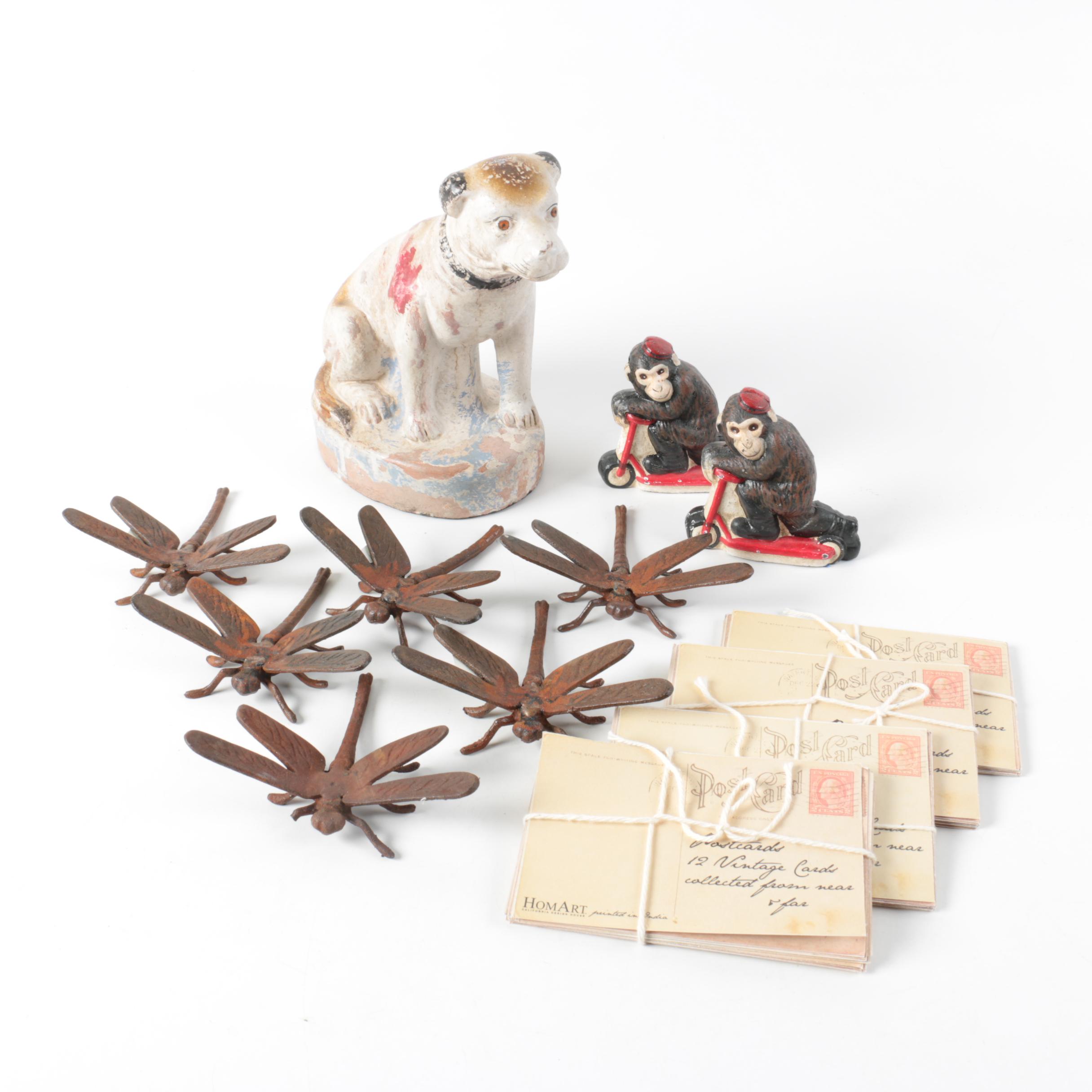 HomArt Cast Iron Dragonflies, Vintage Dog, Chimpanzees on Scooters and Postcards