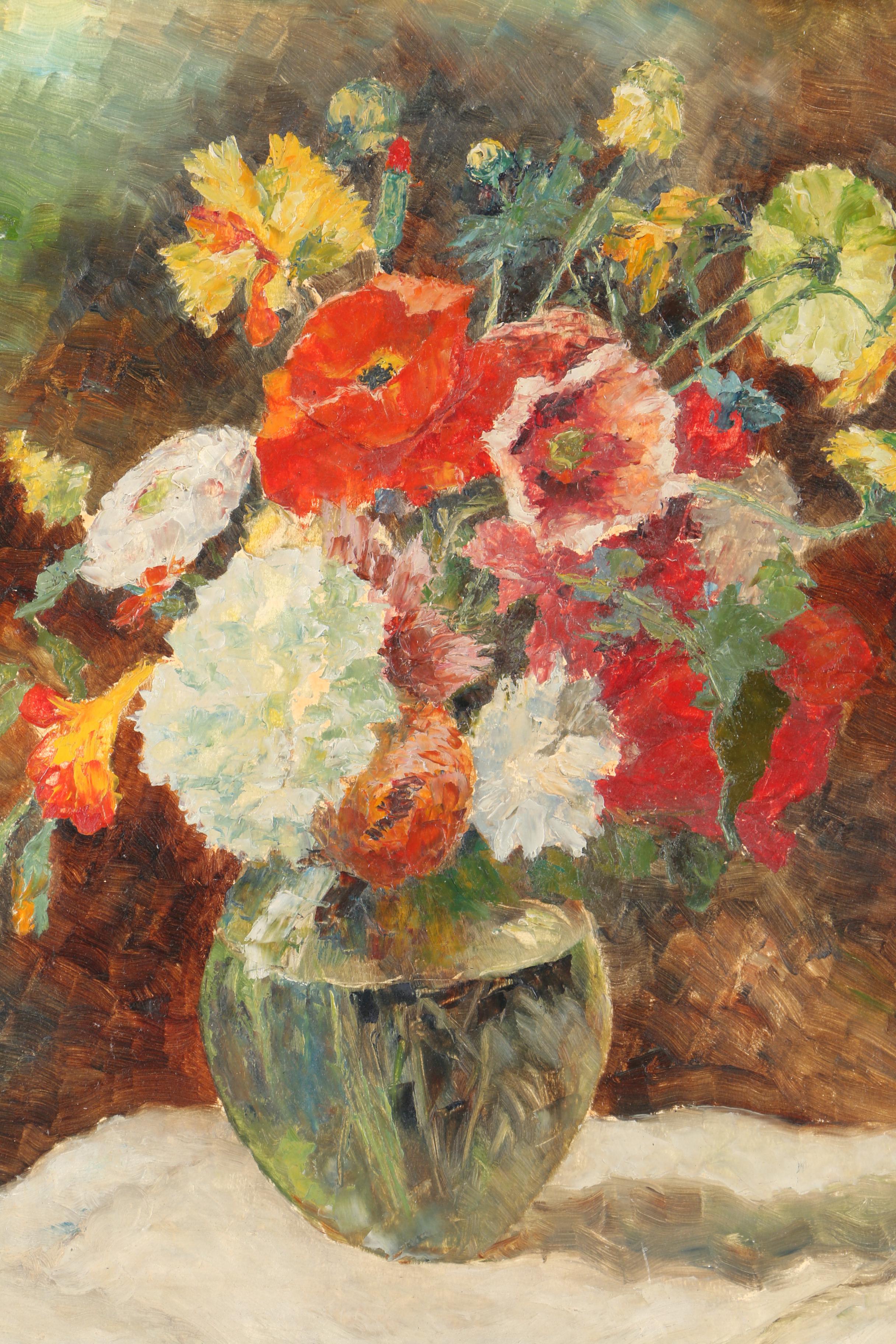Wagner Oil Painting on Panel of Still Life with Glass Vase of Flowers