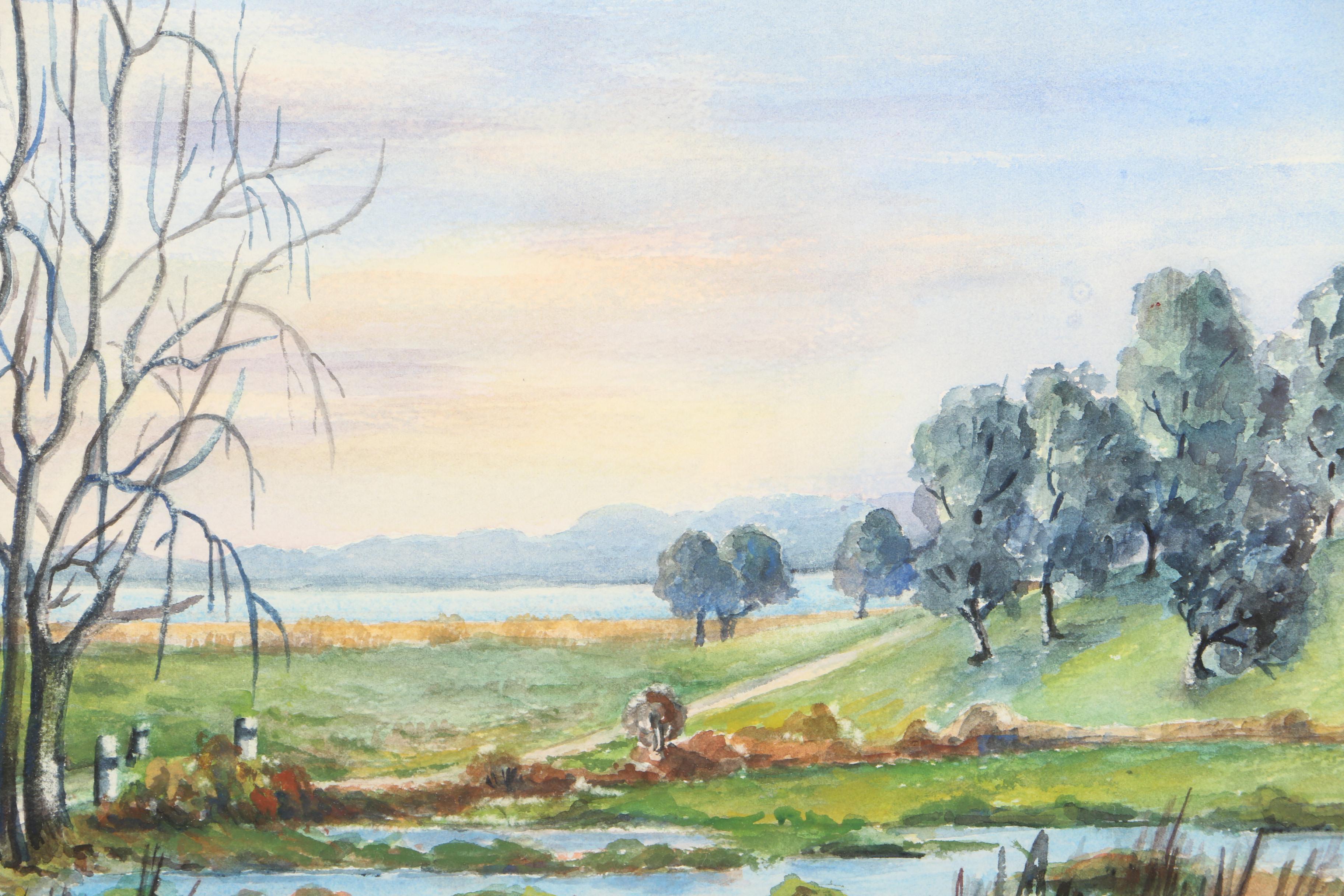 Signed Watercolor Painting on Paper of Park Scene