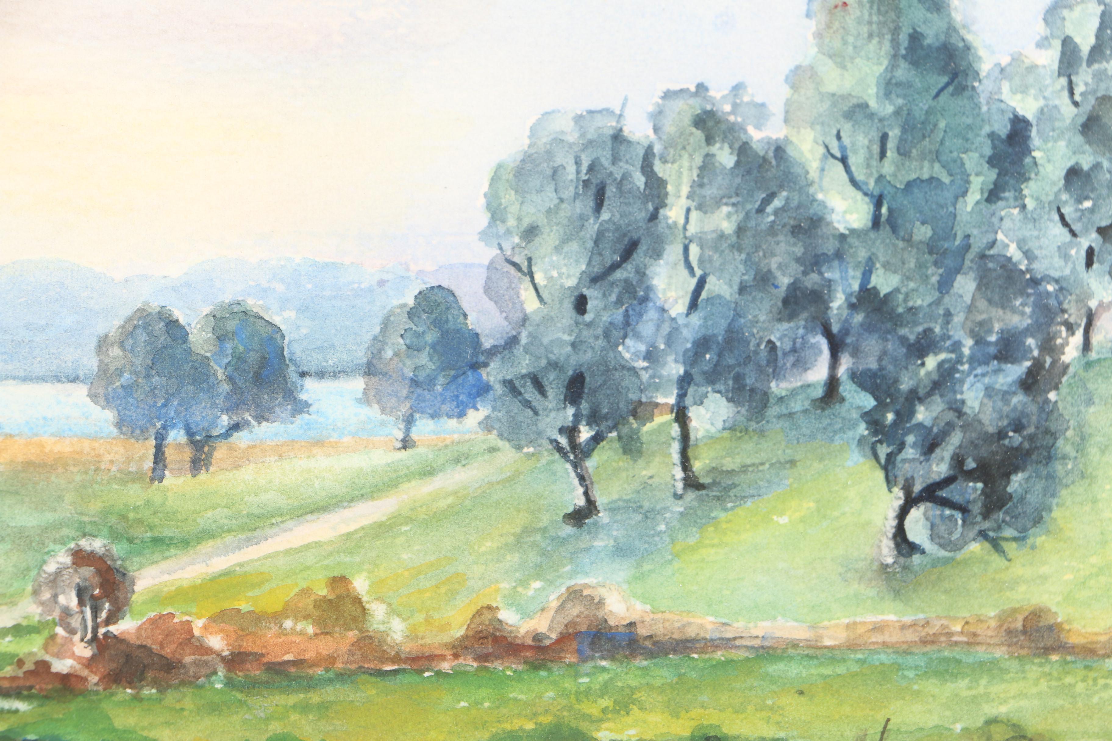Signed Watercolor Painting on Paper of Park Scene