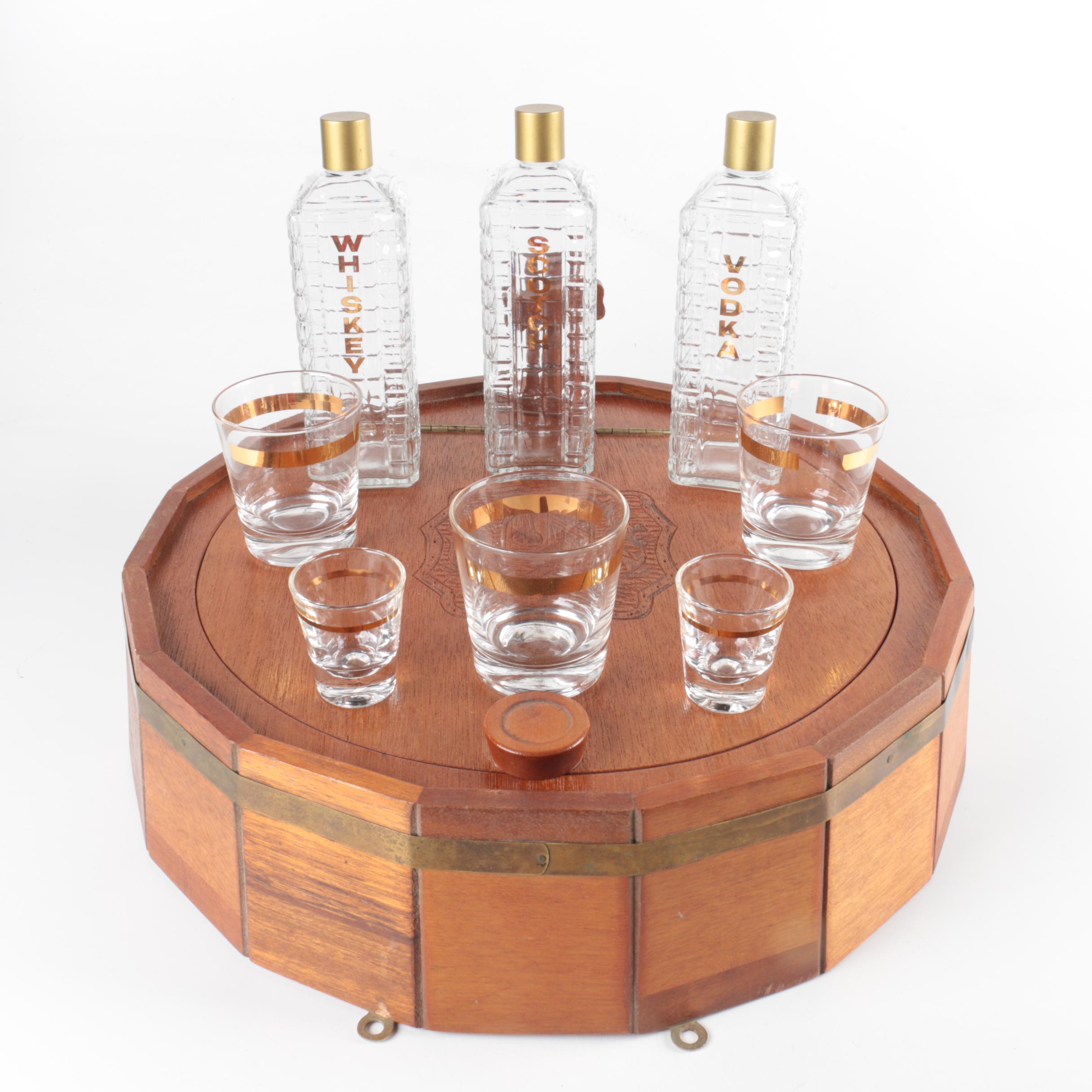Decorative Wooden Barrel Shaped Shelf with Glass Barware