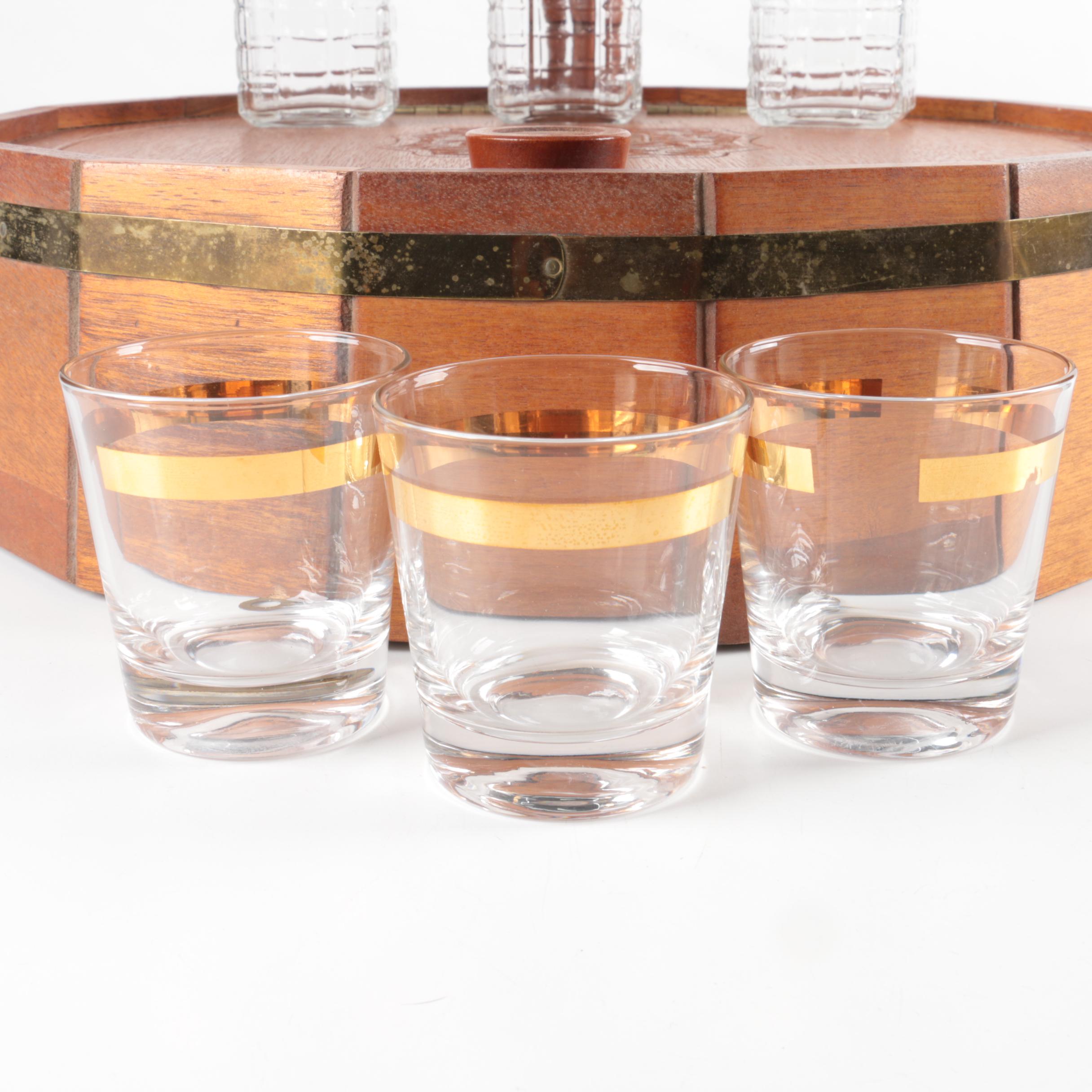 Decorative Wooden Barrel Shaped Shelf with Glass Barware