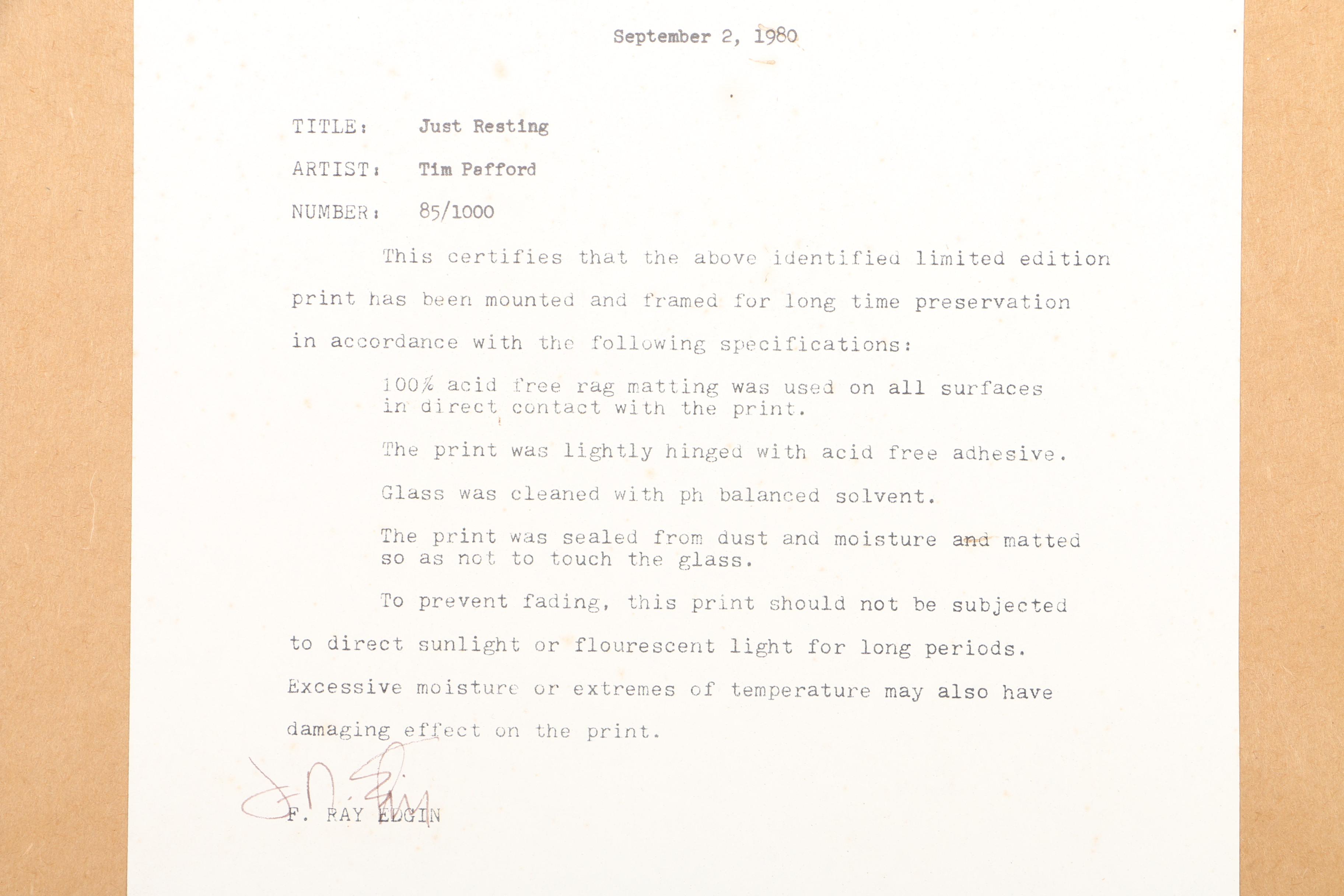 Tim Pafford Limited Edition Offset Lithograph "Just Resting"