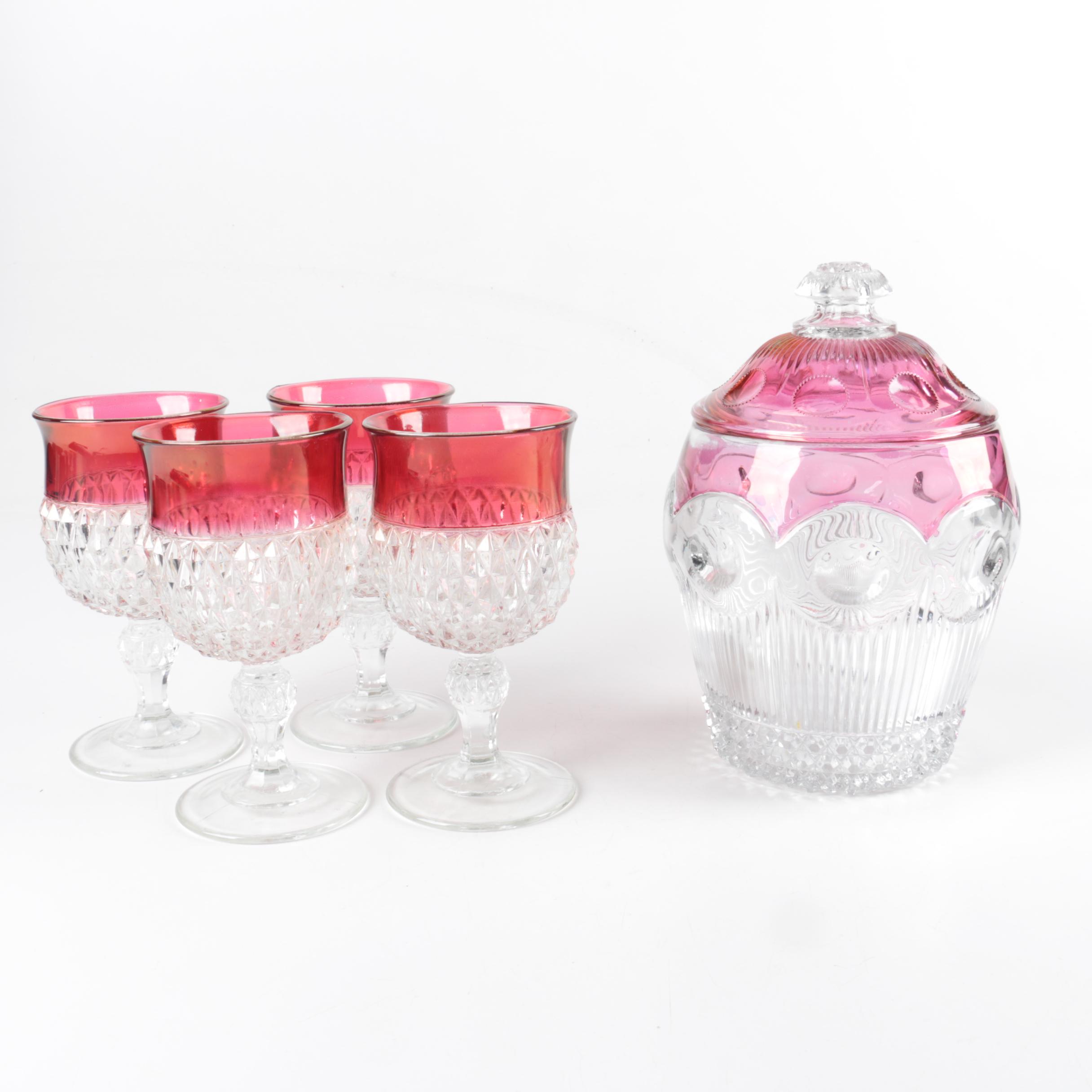 Vintage Indiana Glass Ruby Diamond Point Stemware and Ice Bucket 1960s