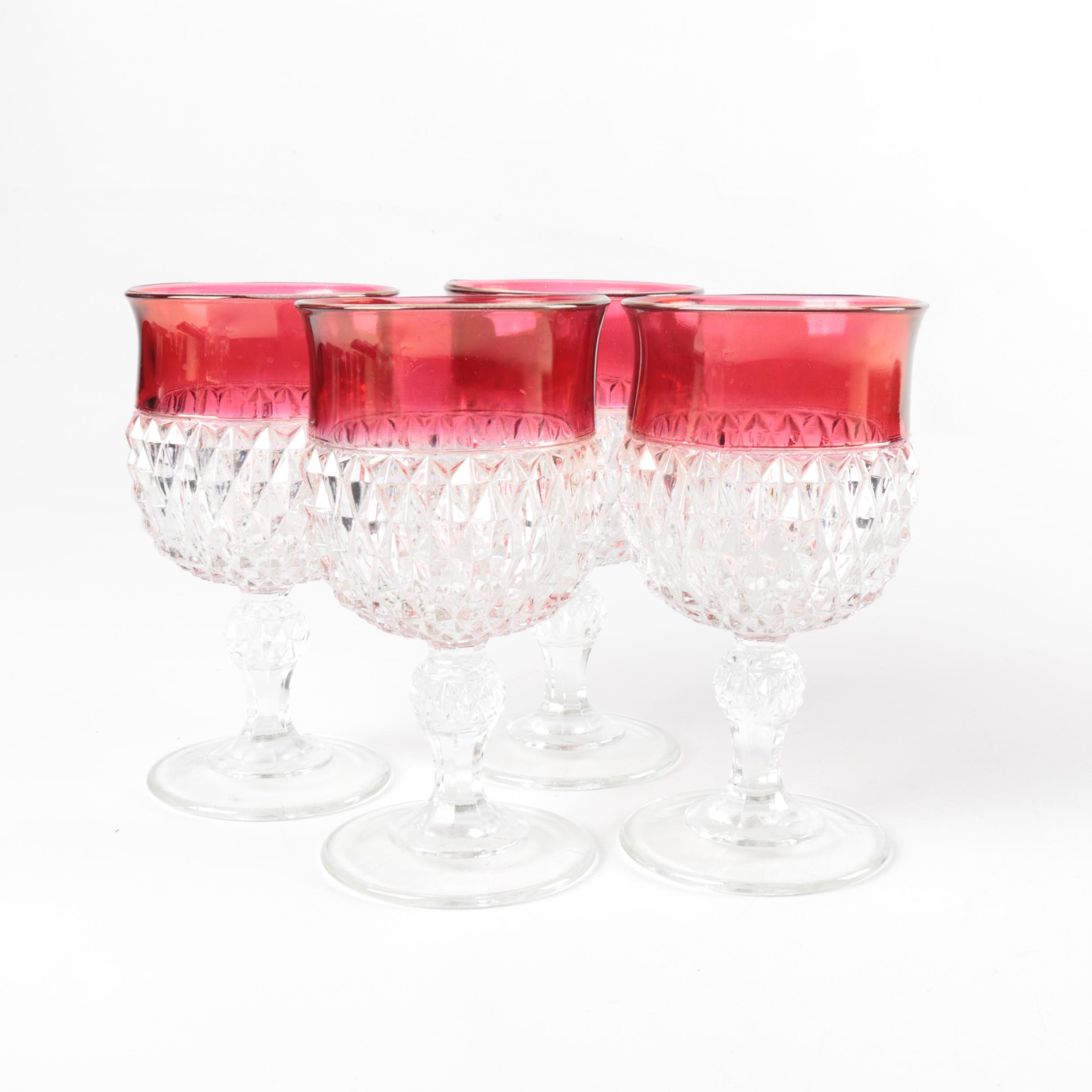 Vintage Indiana Glass Ruby Diamond Point Stemware and Ice Bucket 1960s