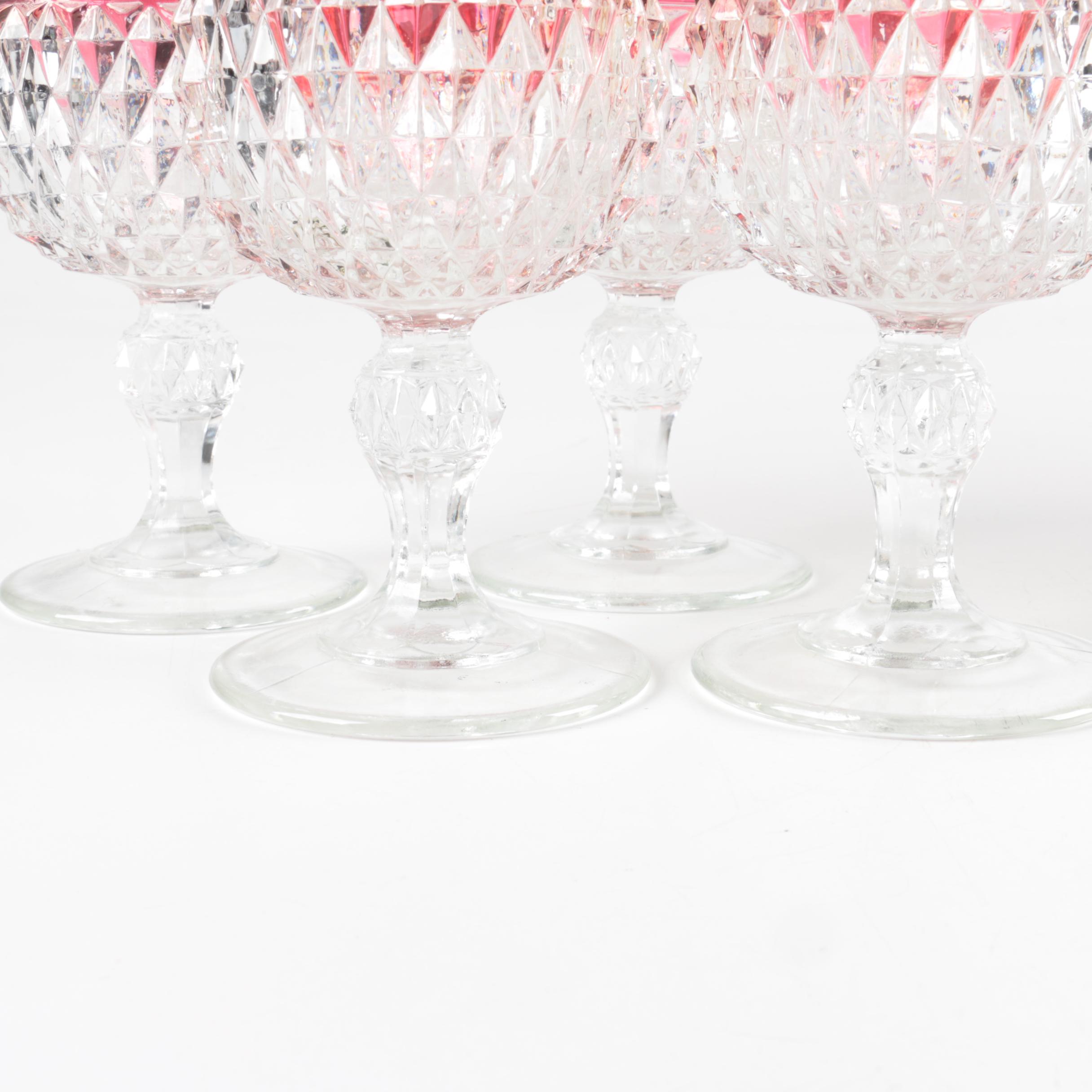 Vintage Indiana Glass Ruby Diamond Point Stemware and Ice Bucket 1960s