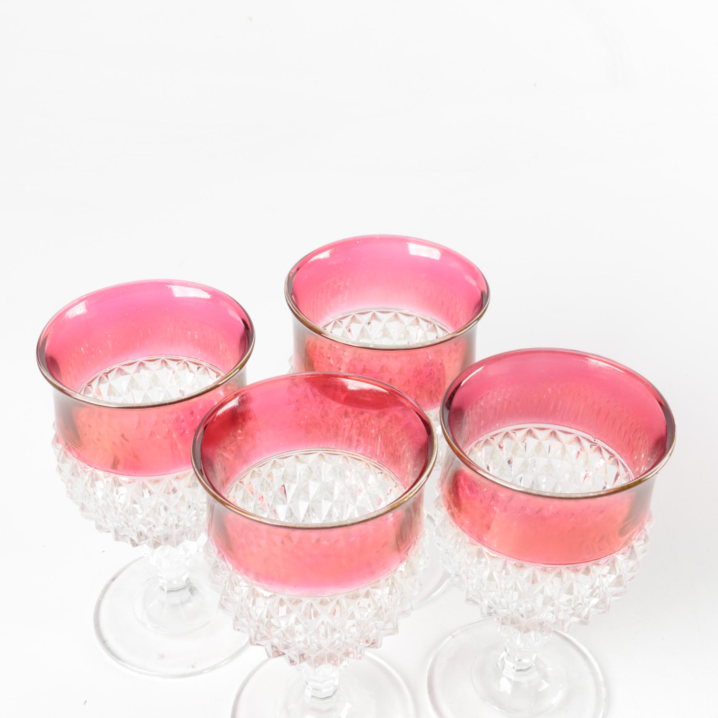 Vintage Indiana Glass Ruby Diamond Point Stemware and Ice Bucket 1960s