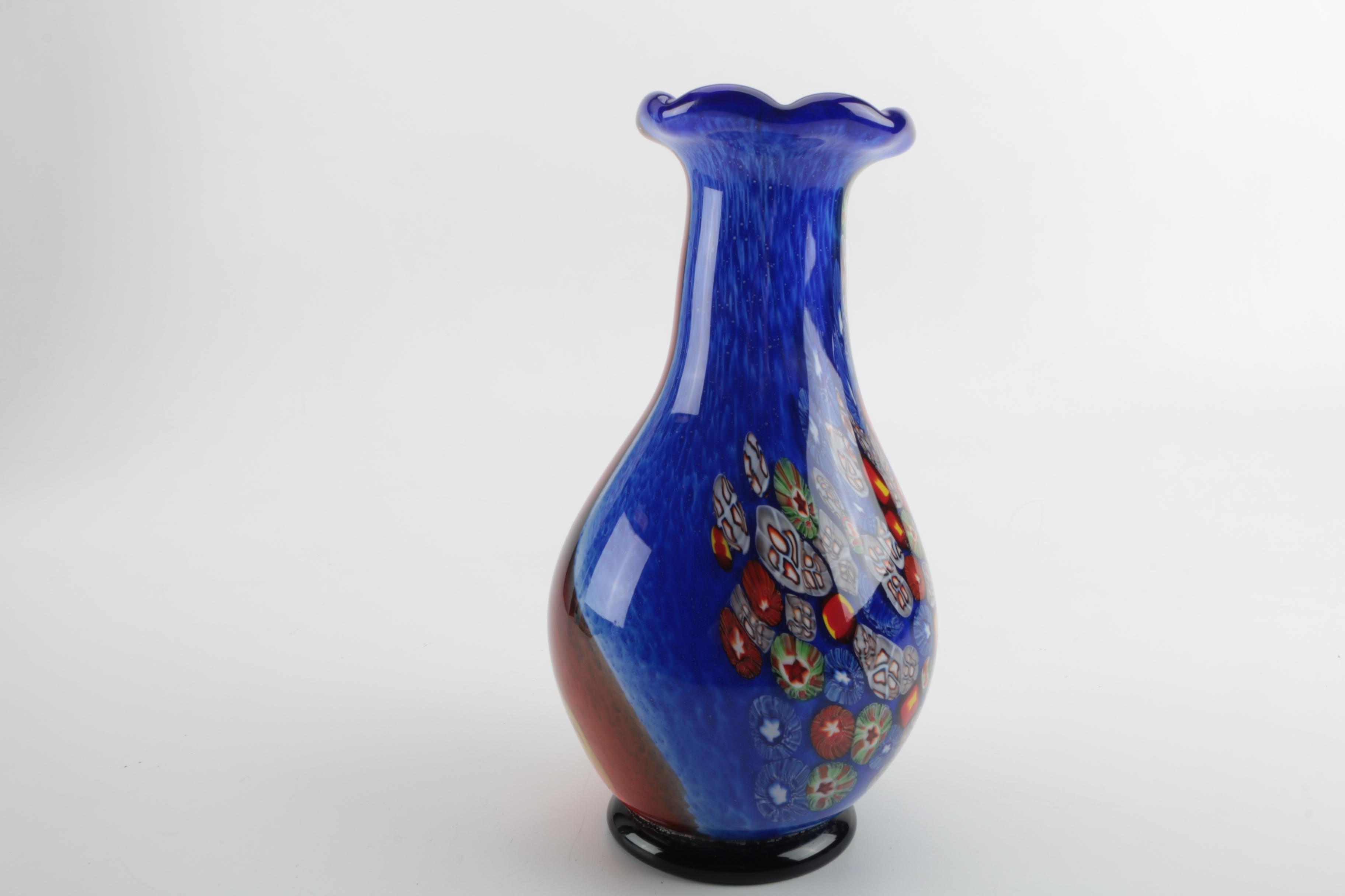Blown Glass Millefiori and Pulled Feather Vase