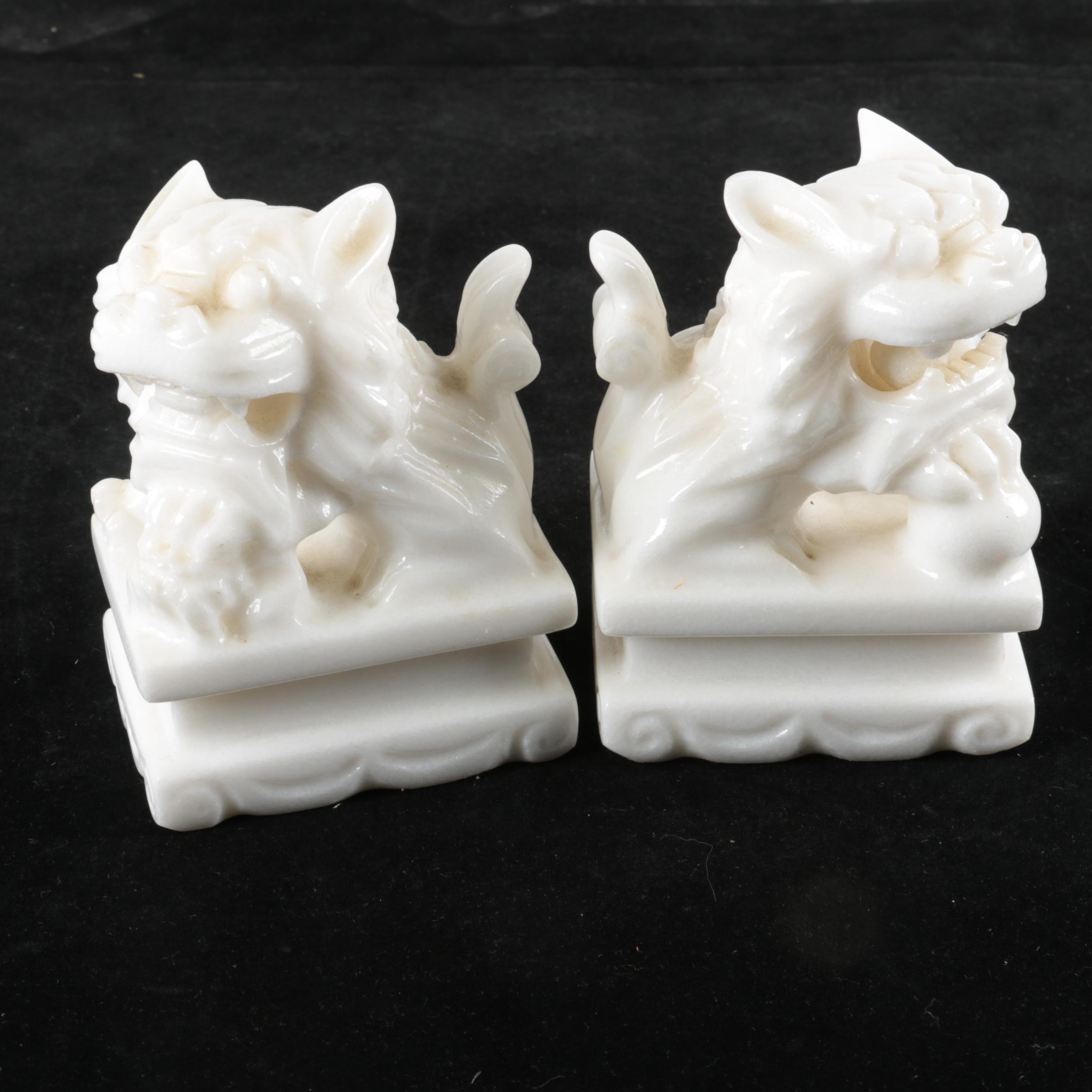 Carved Marble Chinese Guardian Lion Figurative Bookends