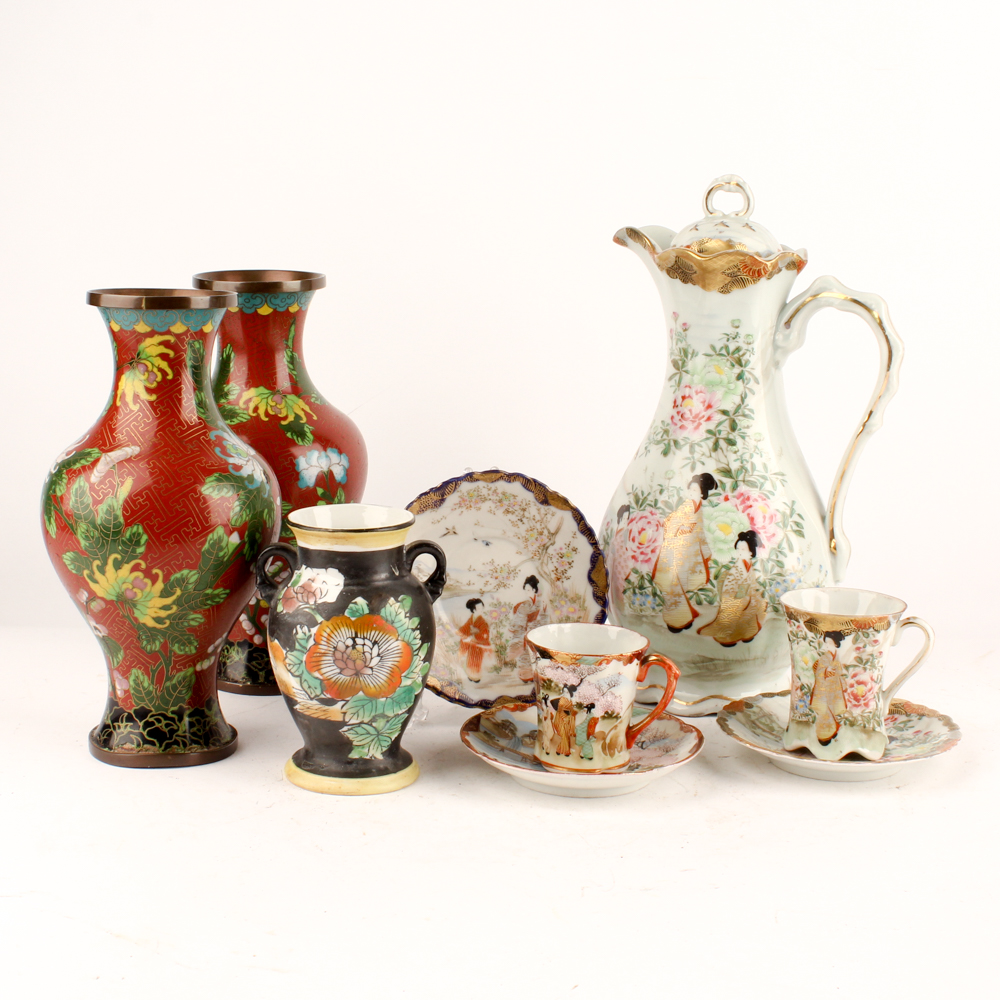 Chinese Cloisonné Vases and Kutani Ware Serveware