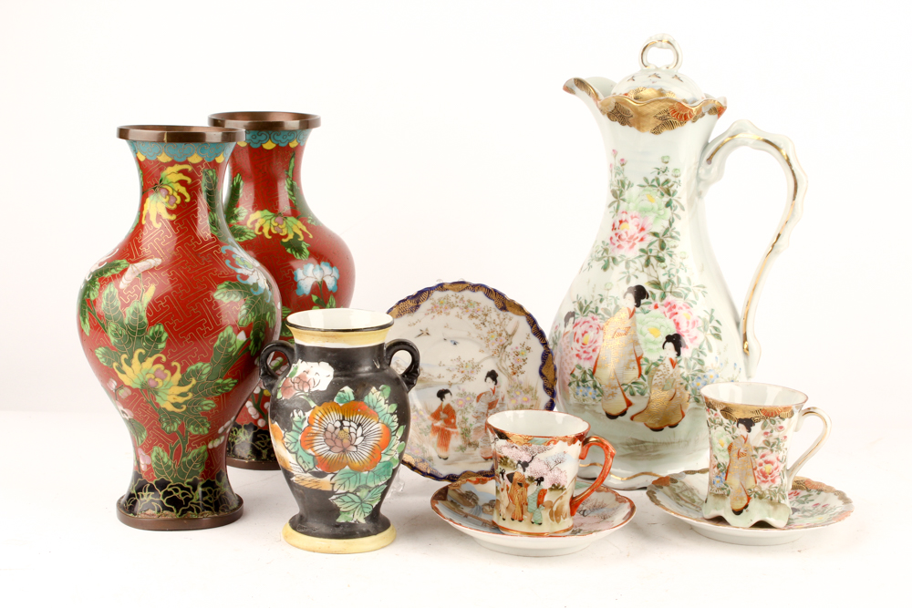 Chinese Cloisonné Vases and Kutani Ware Serveware