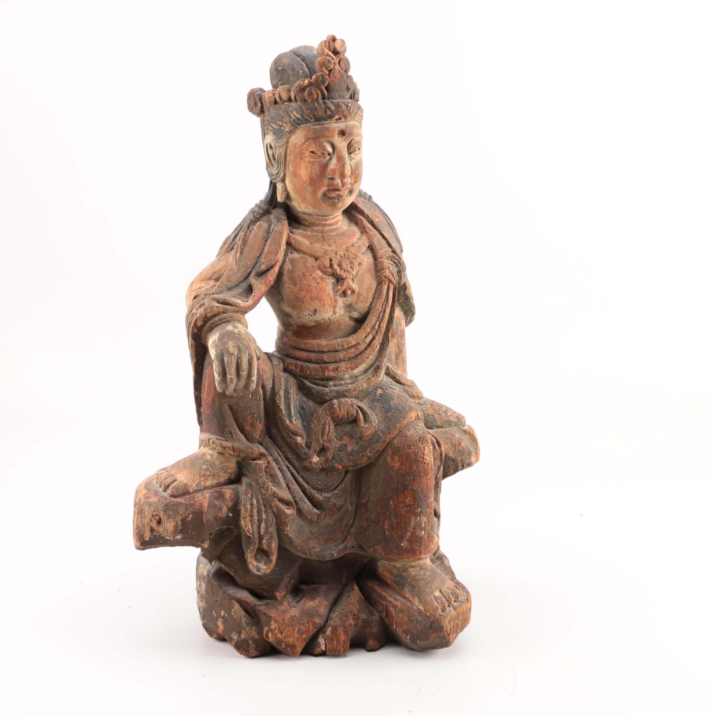 East Asian Style Wood Sculpture of a Buddhist Deity