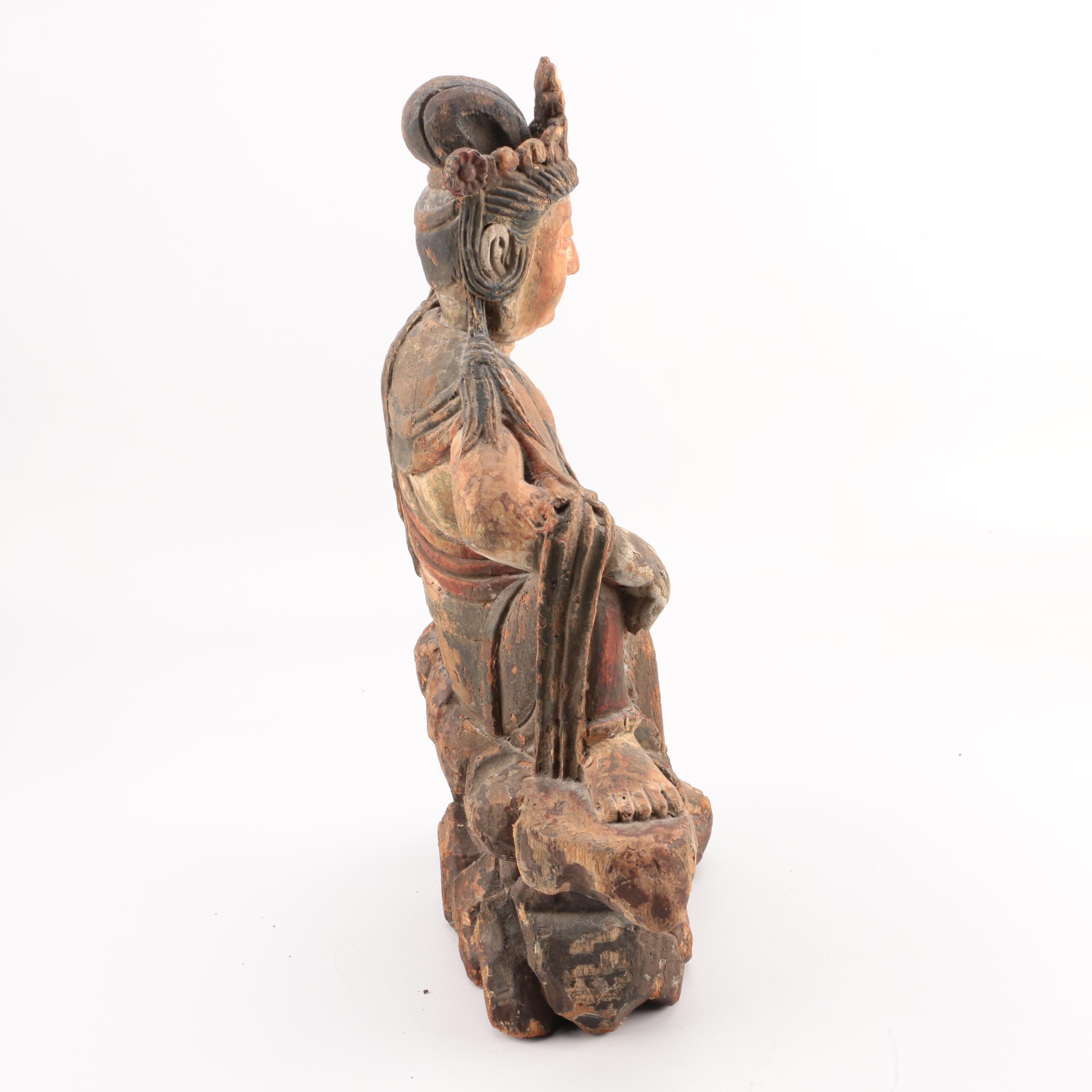 East Asian Style Wood Sculpture of a Buddhist Deity