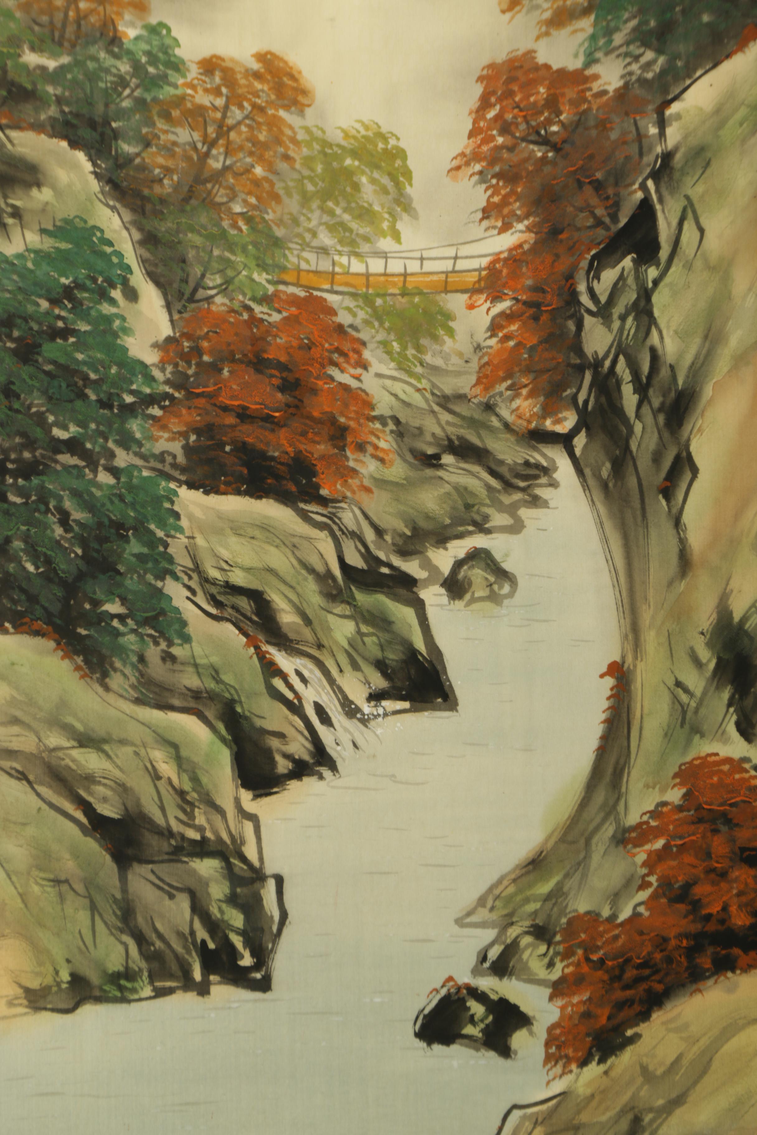 East Asian Gouache and Ink Paintings on Silk of Mountainous Landscape