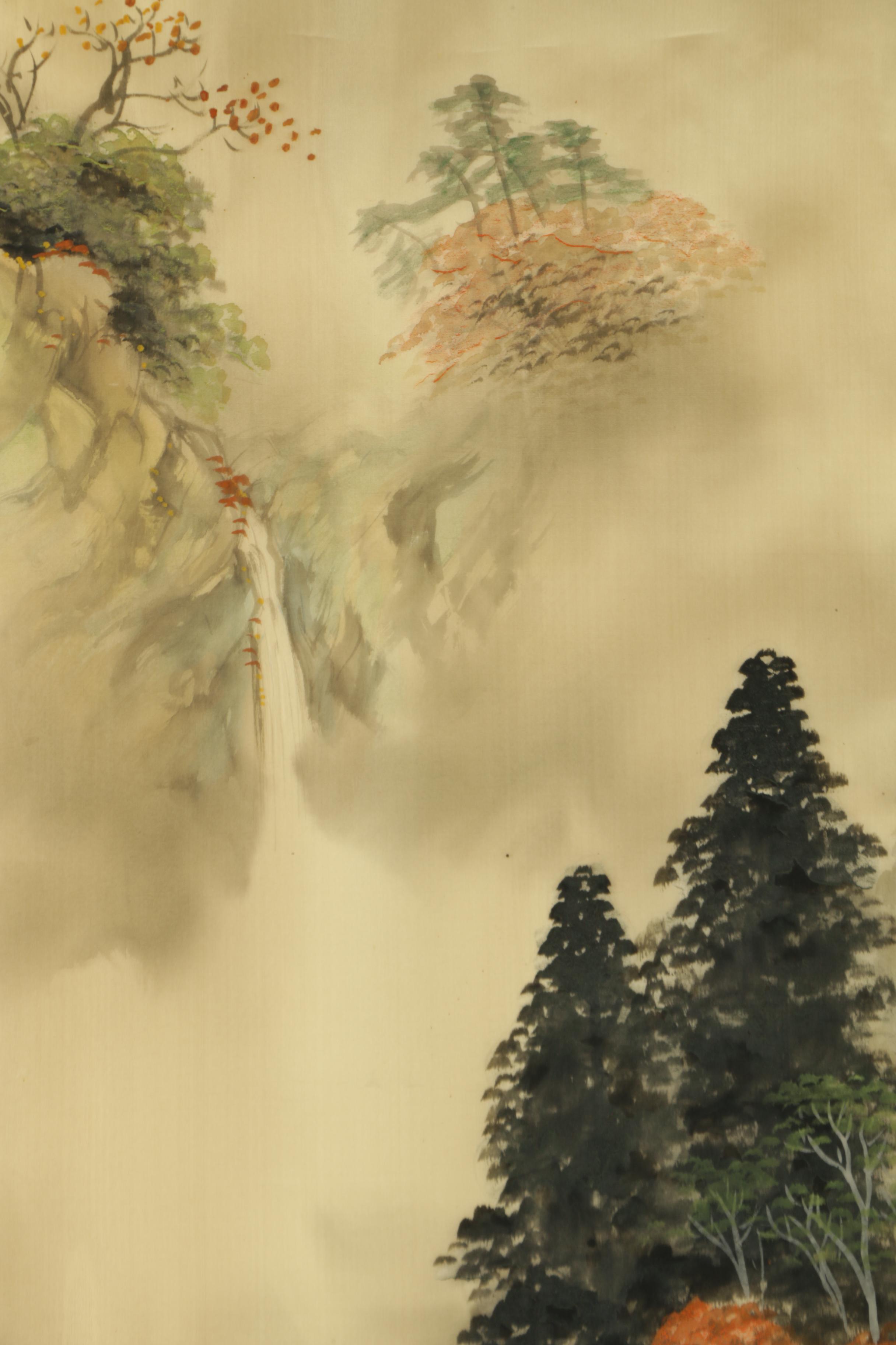 East Asian Gouache and Ink Paintings on Silk of Mountainous Landscape