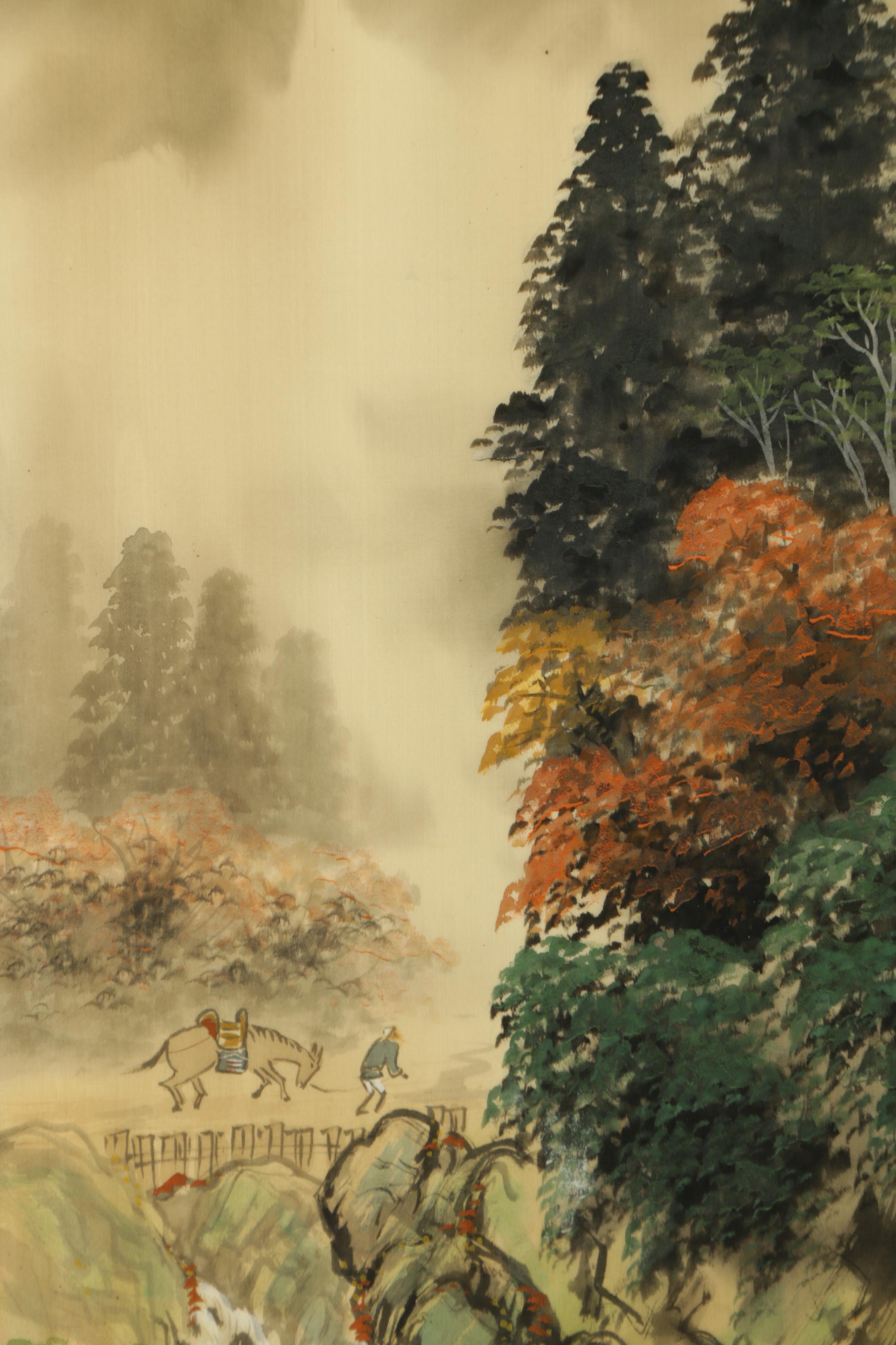 East Asian Gouache and Ink Paintings on Silk of Mountainous Landscape