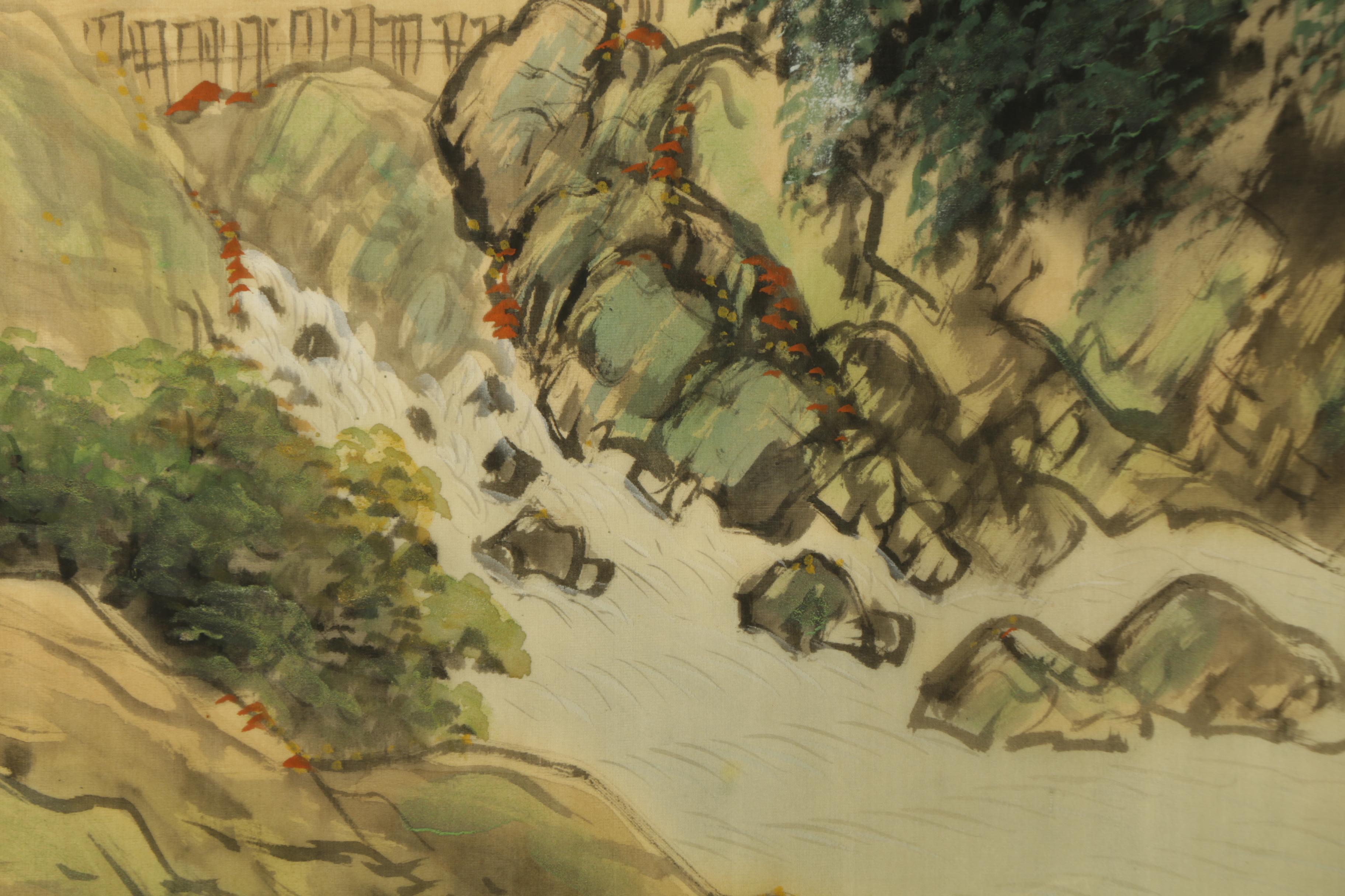 East Asian Gouache and Ink Paintings on Silk of Mountainous Landscape