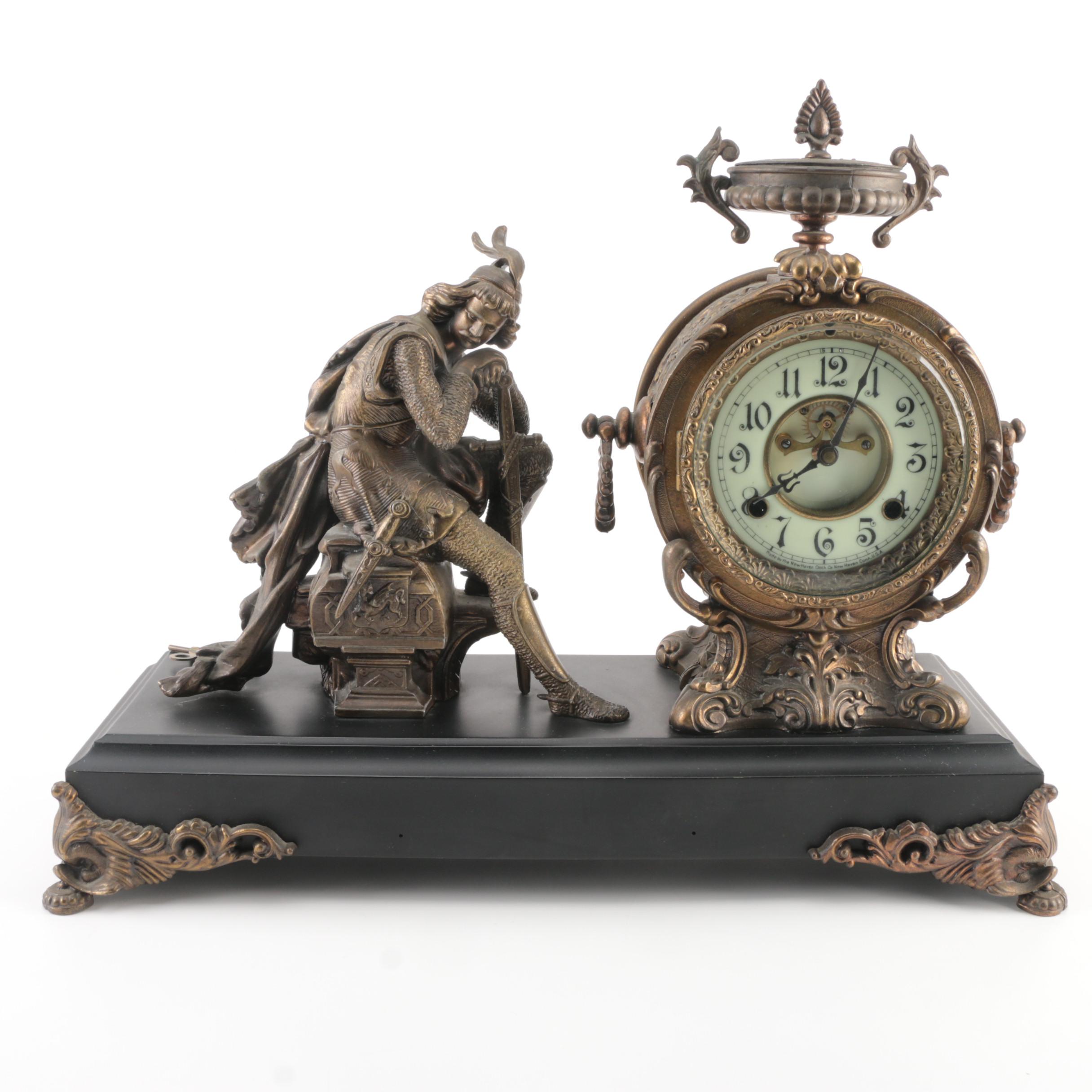 Antique New Haven Clock Co. Brass Figural Mantel Clock