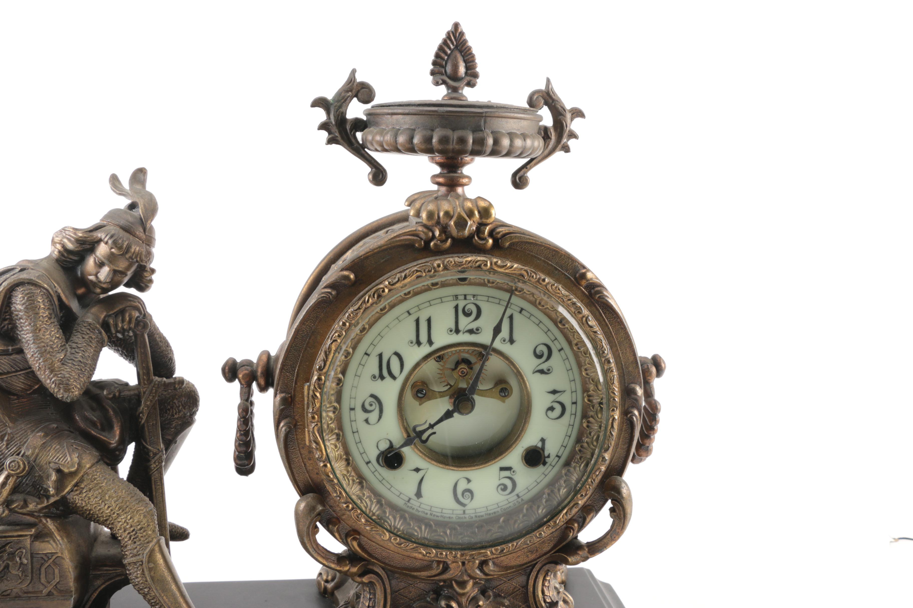 Antique New Haven Clock Co. Brass Figural Mantel Clock