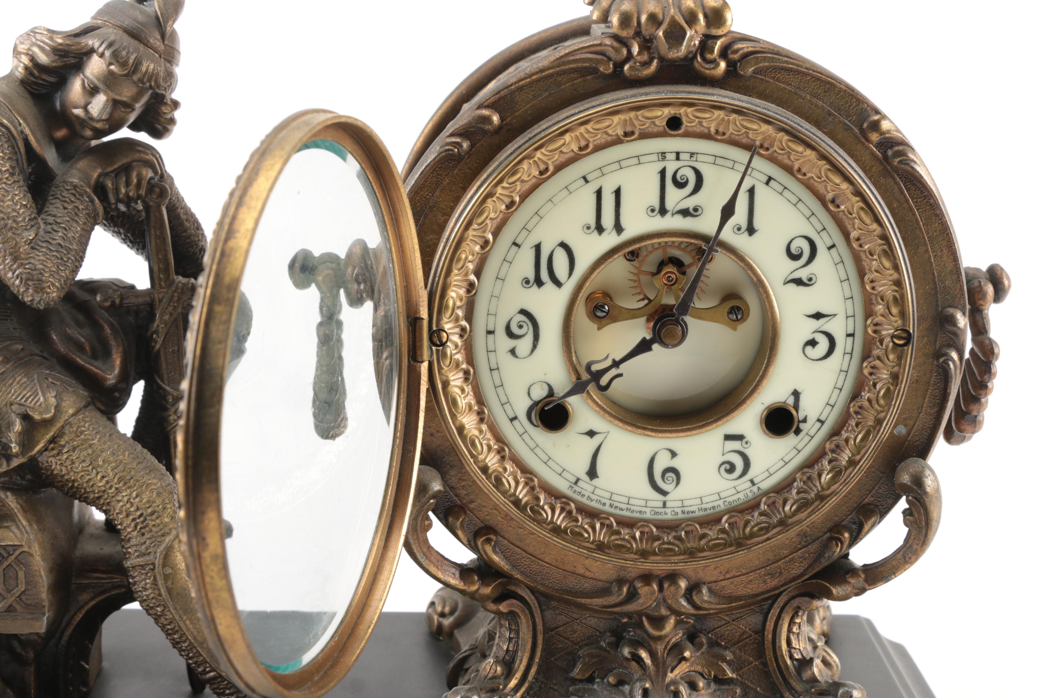 Antique New Haven Clock Co. Brass Figural Mantel Clock