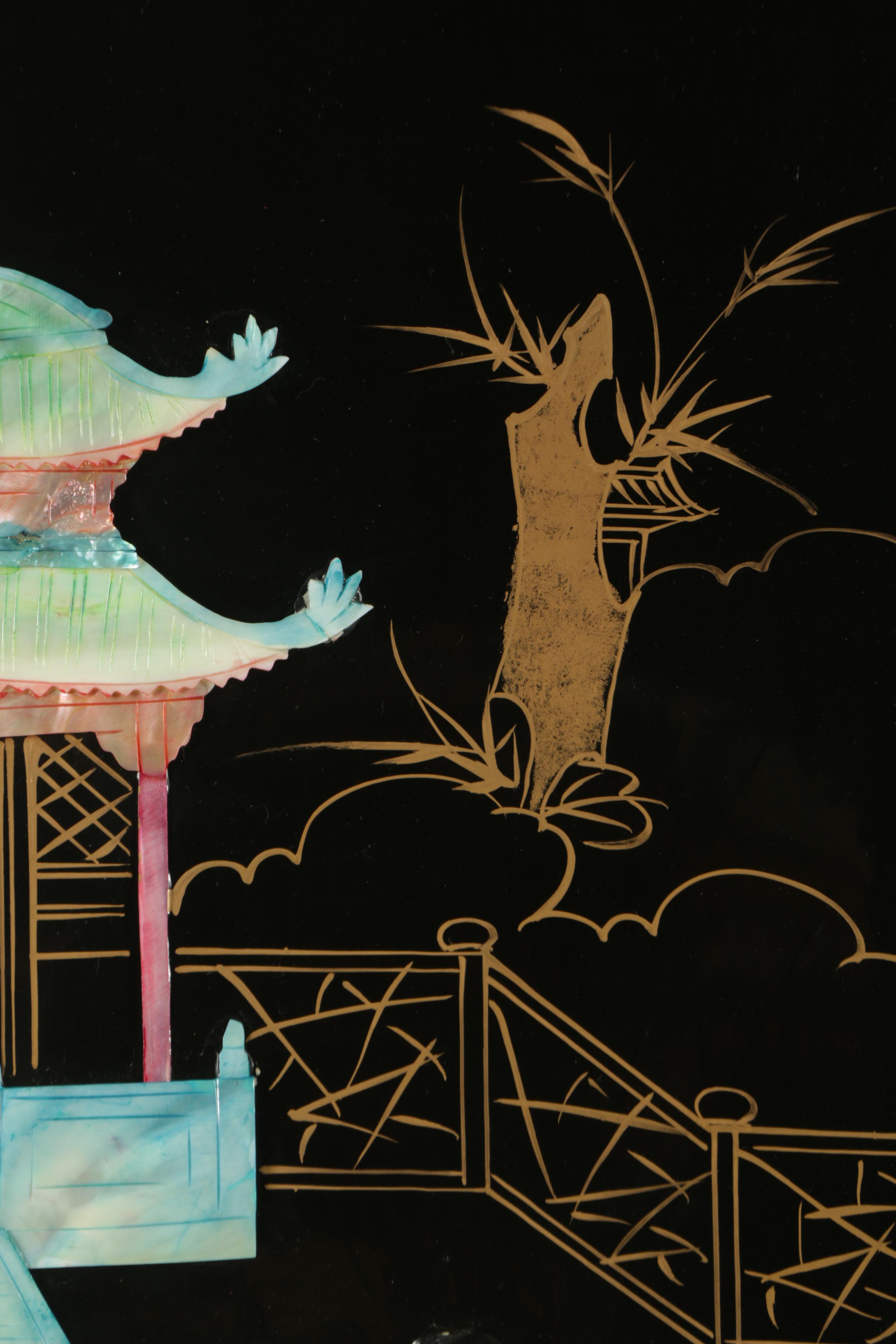 East Asian Style Lacquer Panels with Inlaid Shell and Resin