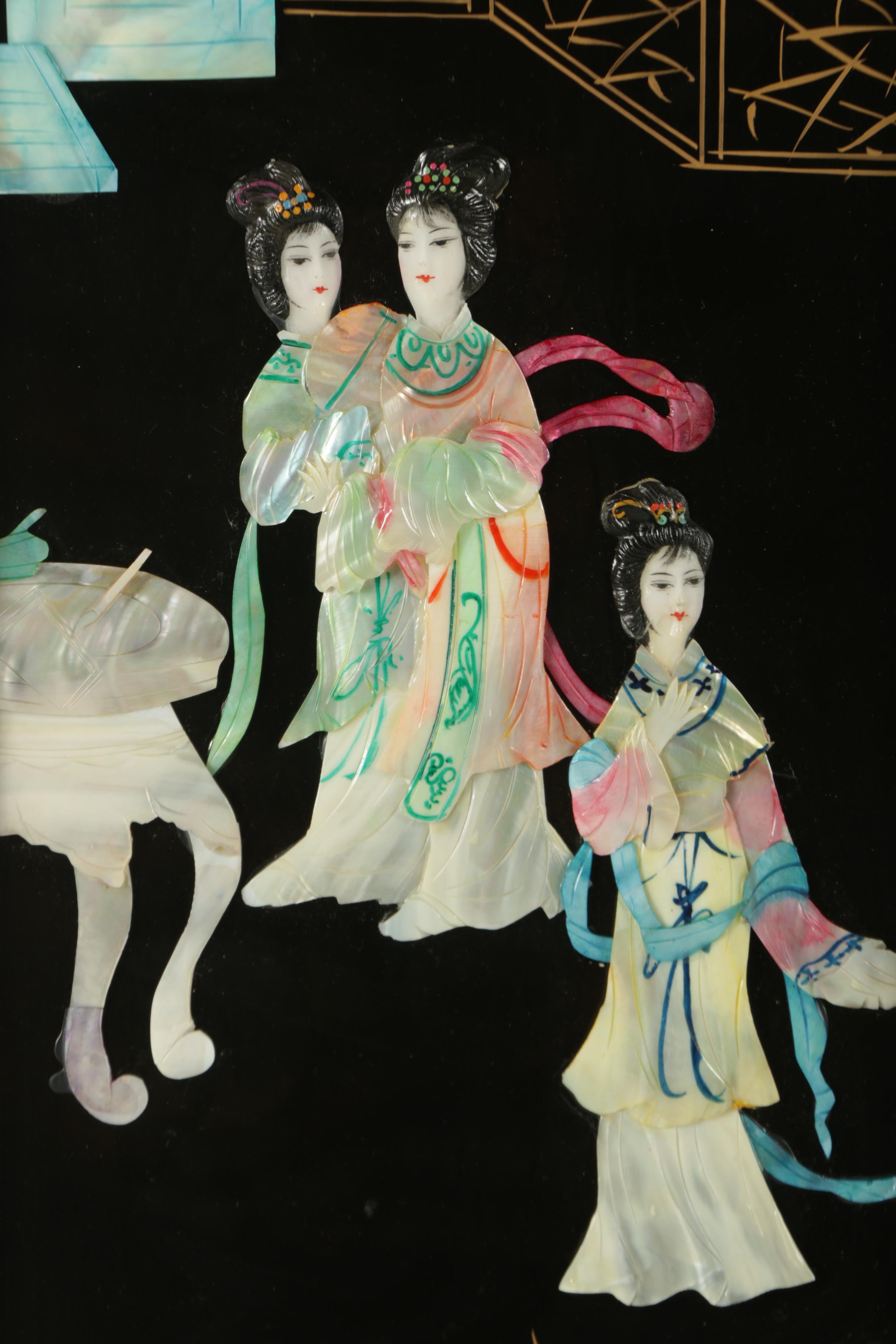 East Asian Style Lacquer Panels with Inlaid Shell and Resin