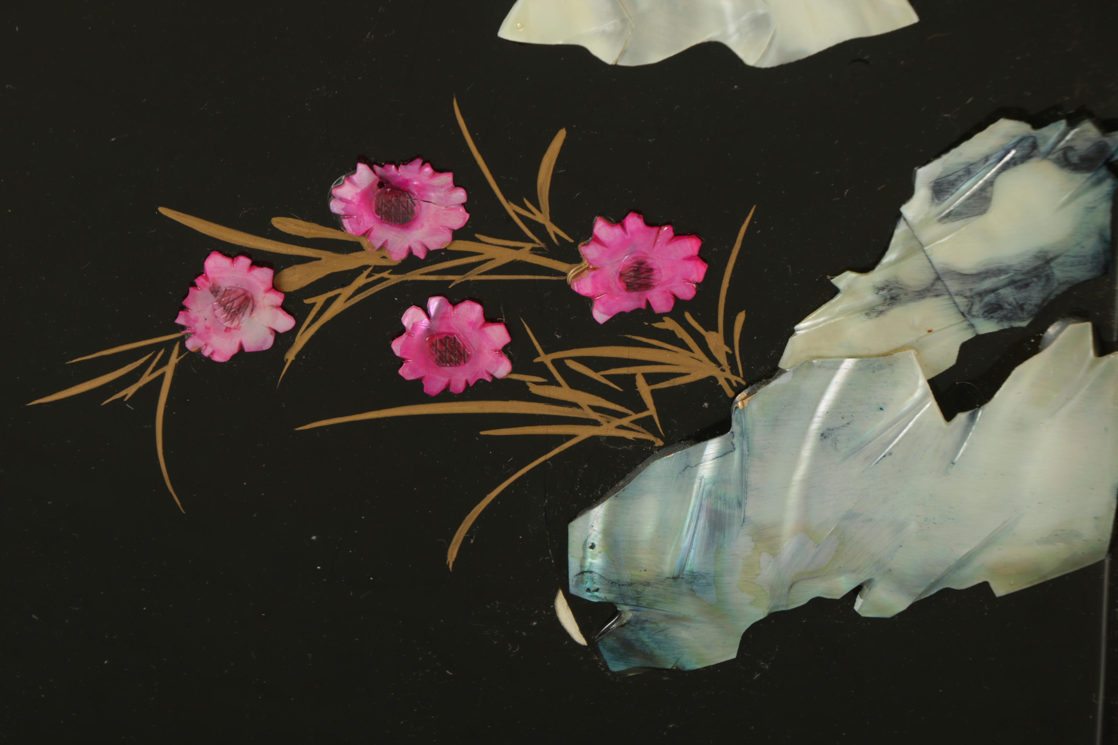 East Asian Style Lacquer Panels with Inlaid Shell and Resin