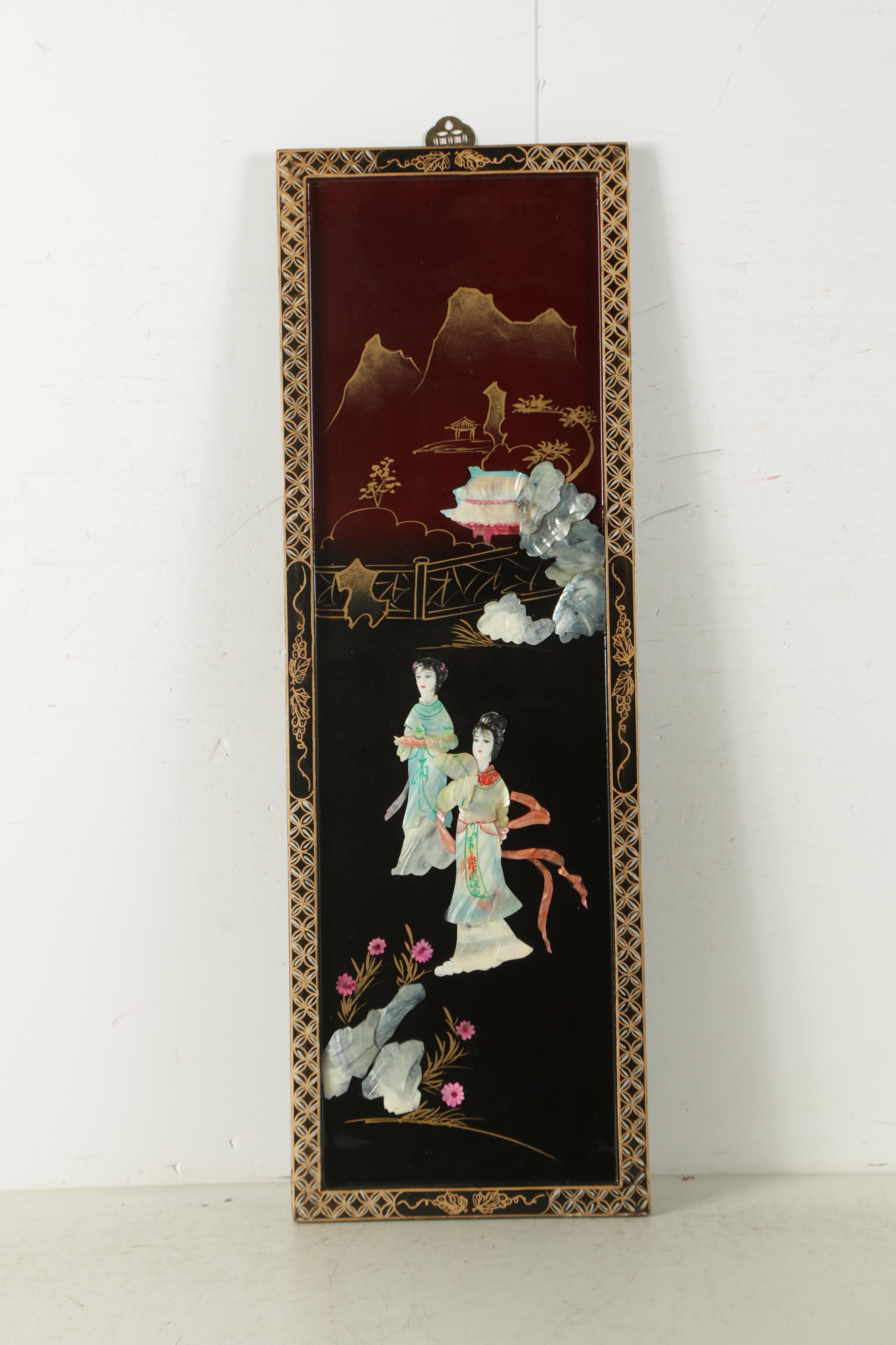East Asian Style Lacquer Panels with Inlaid Shell and Resin