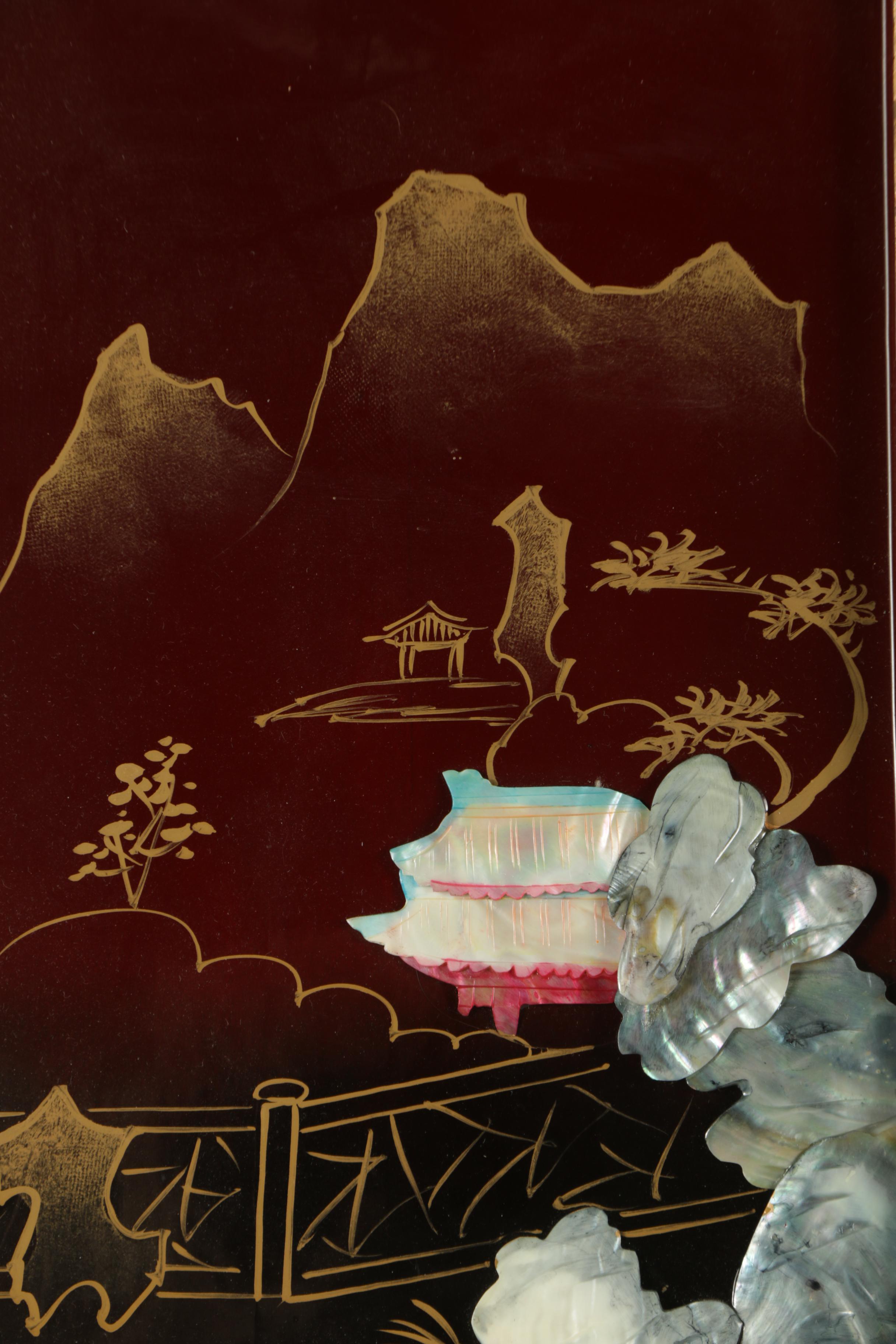 East Asian Style Lacquer Panels with Inlaid Shell and Resin