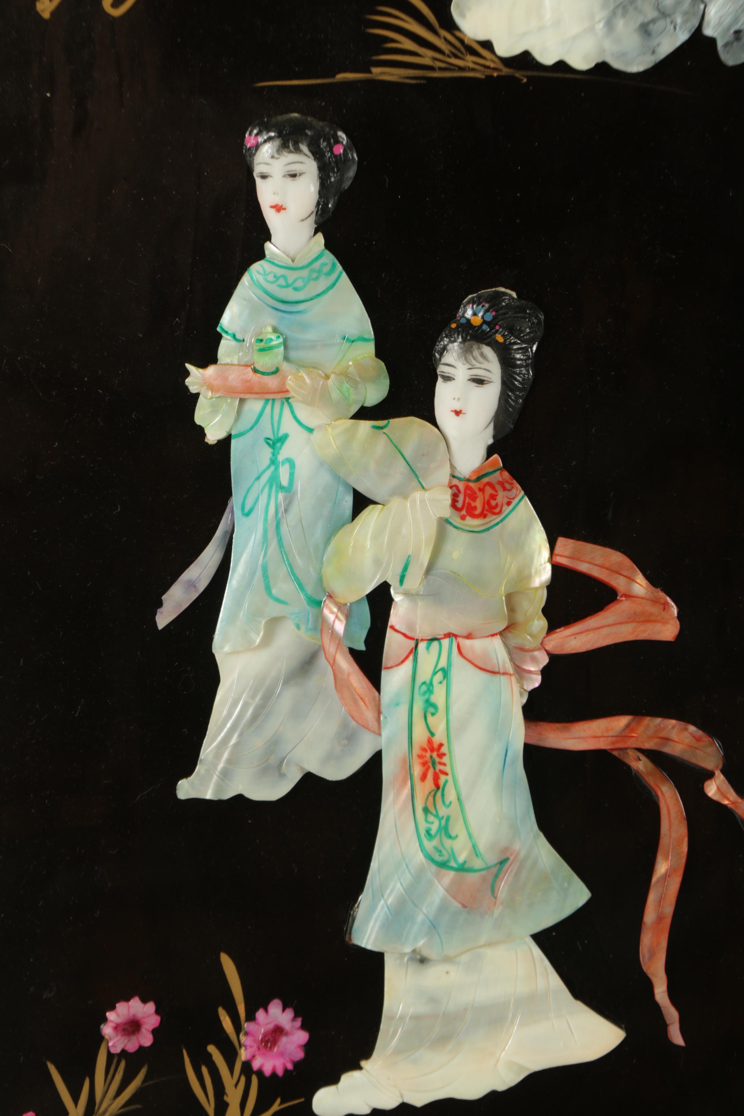 East Asian Style Lacquer Panels with Inlaid Shell and Resin