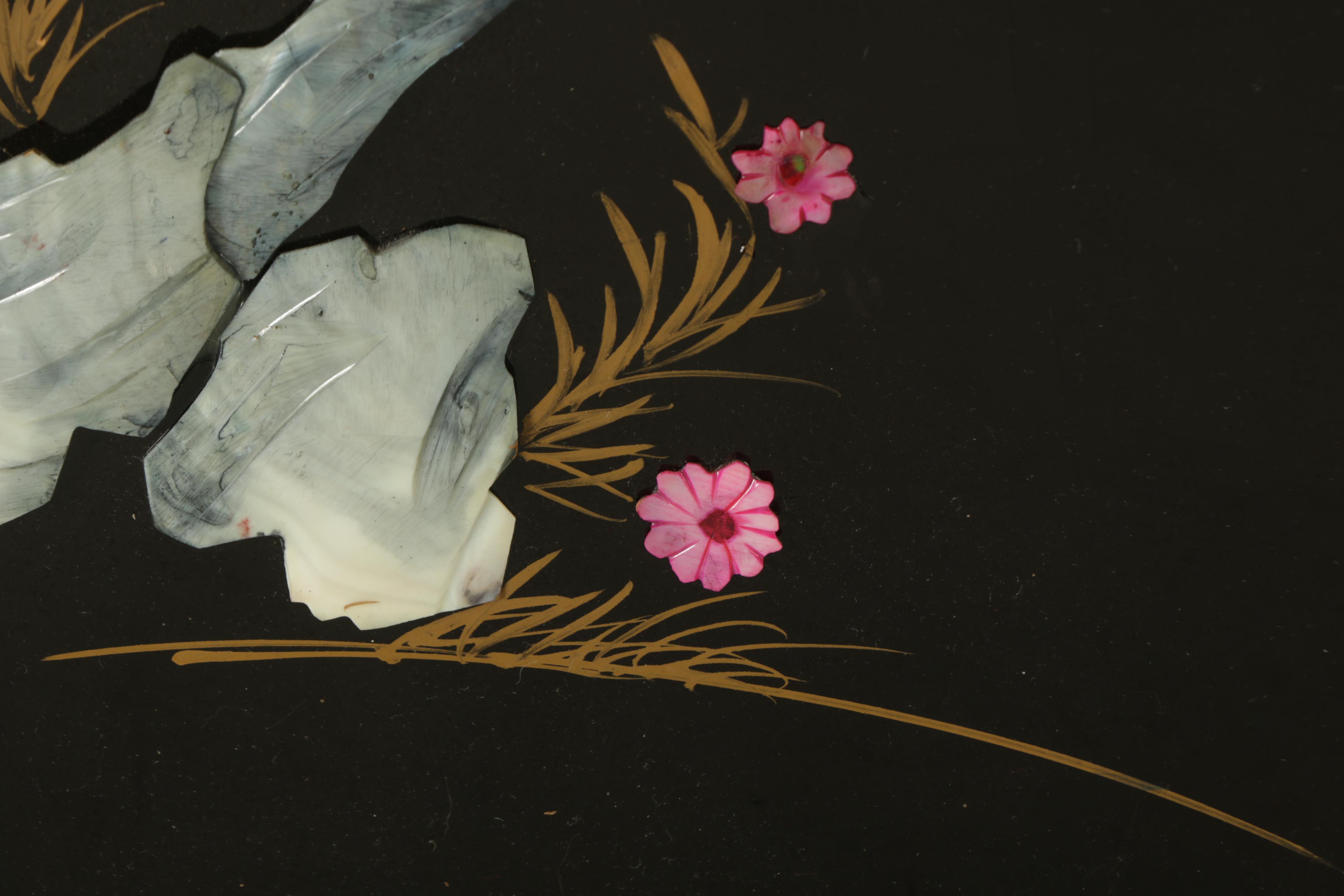 East Asian Style Lacquer Panels with Inlaid Shell and Resin